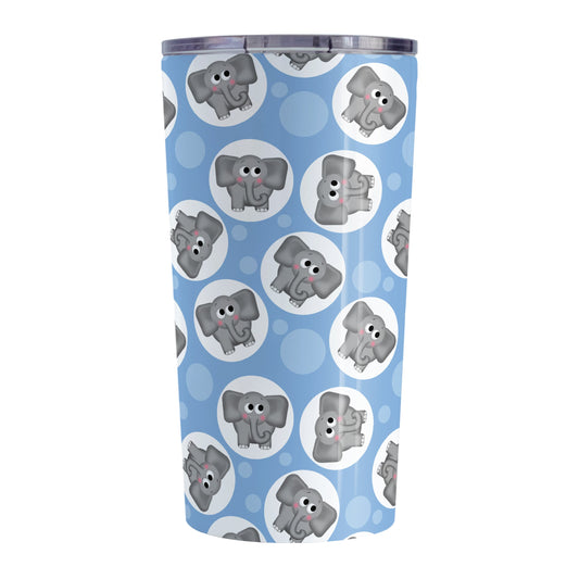 Cute Blue Elephant Pattern Tumbler Cup (20oz, stainless steel insulated) at Amy's Coffee Mugs. A tumbler cup designed with cute and affectionate gray elephants in white circles scattered over a blue background color in a pattern that wraps around the cup.