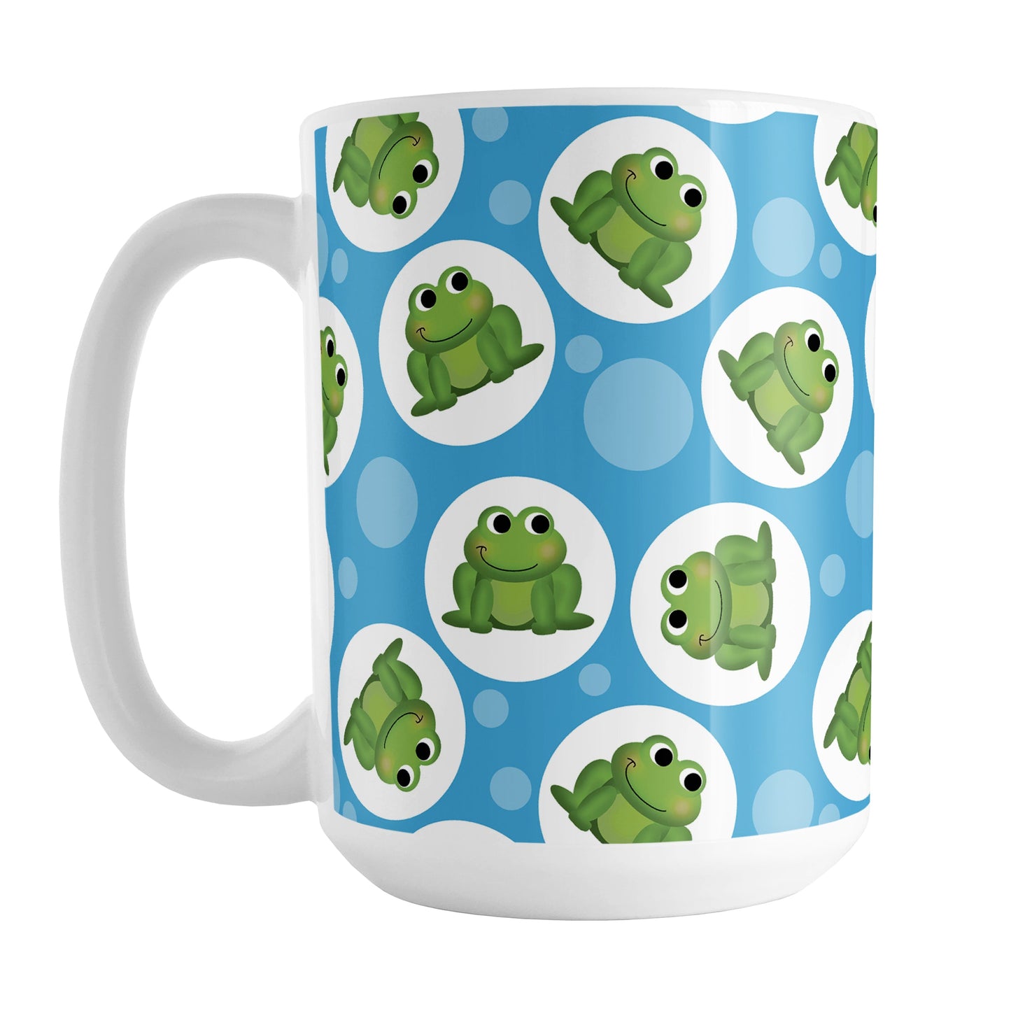 Cute Blue Frog Pattern Mug (15oz) at Amy's Coffee Mugs. A ceramic coffee mug designed with cute and smiling green frogs in white circles scattered over a blue background color in a pattern that wraps around the mug up to the handle.