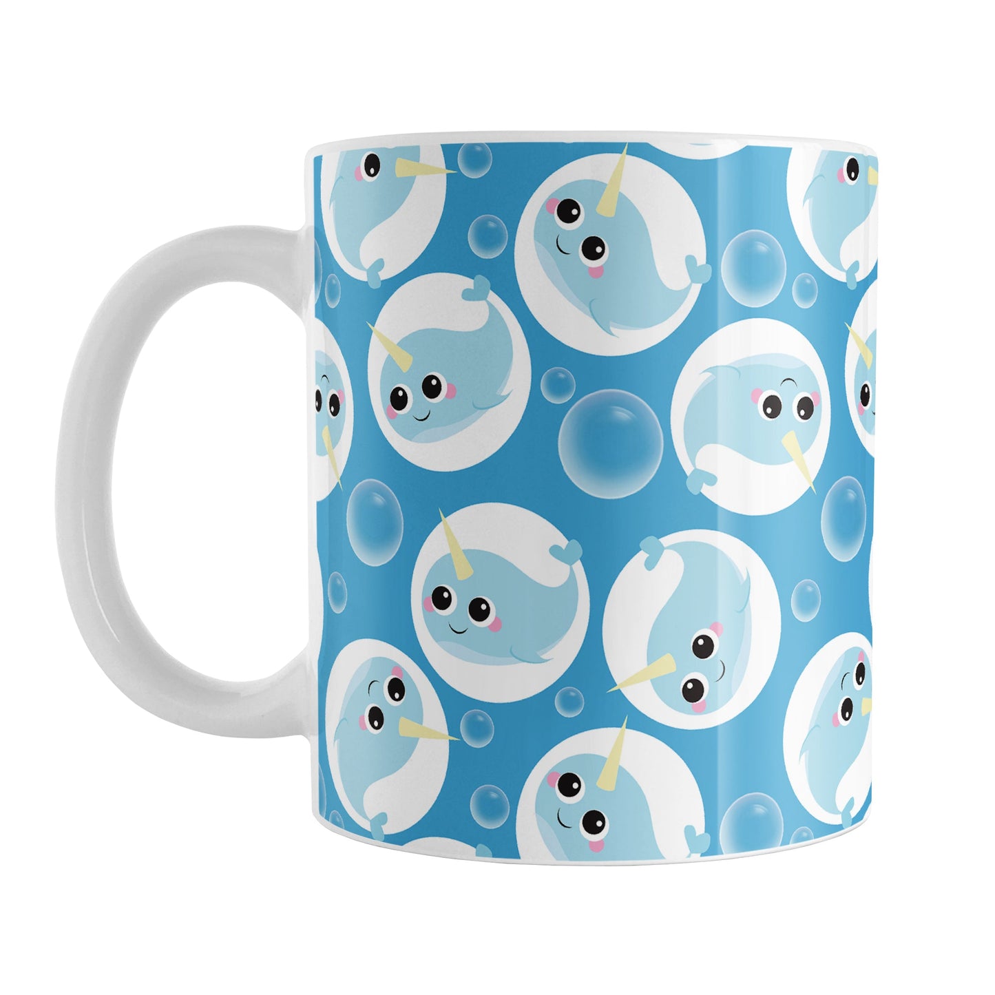 Cute Blue Narwhal Bubble Pattern Mug (11oz) at Amy's Coffee Mugs. A ceramic coffee mug designed with cute light blue narwhals in white circles and with bubbles scattered over a blue background color in a pattern that wraps around the mug up to the handle.