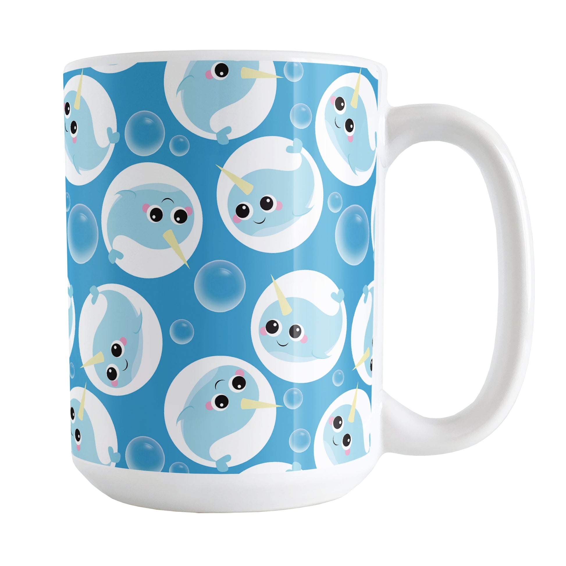 Cute Blue Narwhal Bubble Pattern Mug (15oz) at Amy's Coffee Mugs. A ceramic coffee mug designed with cute light blue narwhals in white circles and with bubbles scattered over a blue background color in a pattern that wraps around the mug up to the handle.