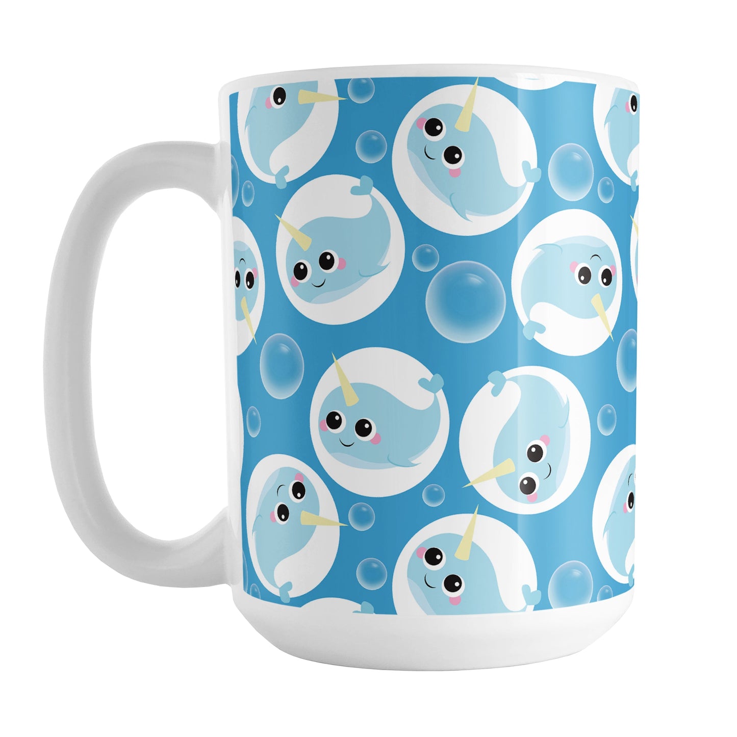 Cute Blue Narwhal Bubble Pattern Mug (15oz) at Amy's Coffee Mugs. A ceramic coffee mug designed with cute light blue narwhals in white circles and with bubbles scattered over a blue background color in a pattern that wraps around the mug up to the handle.