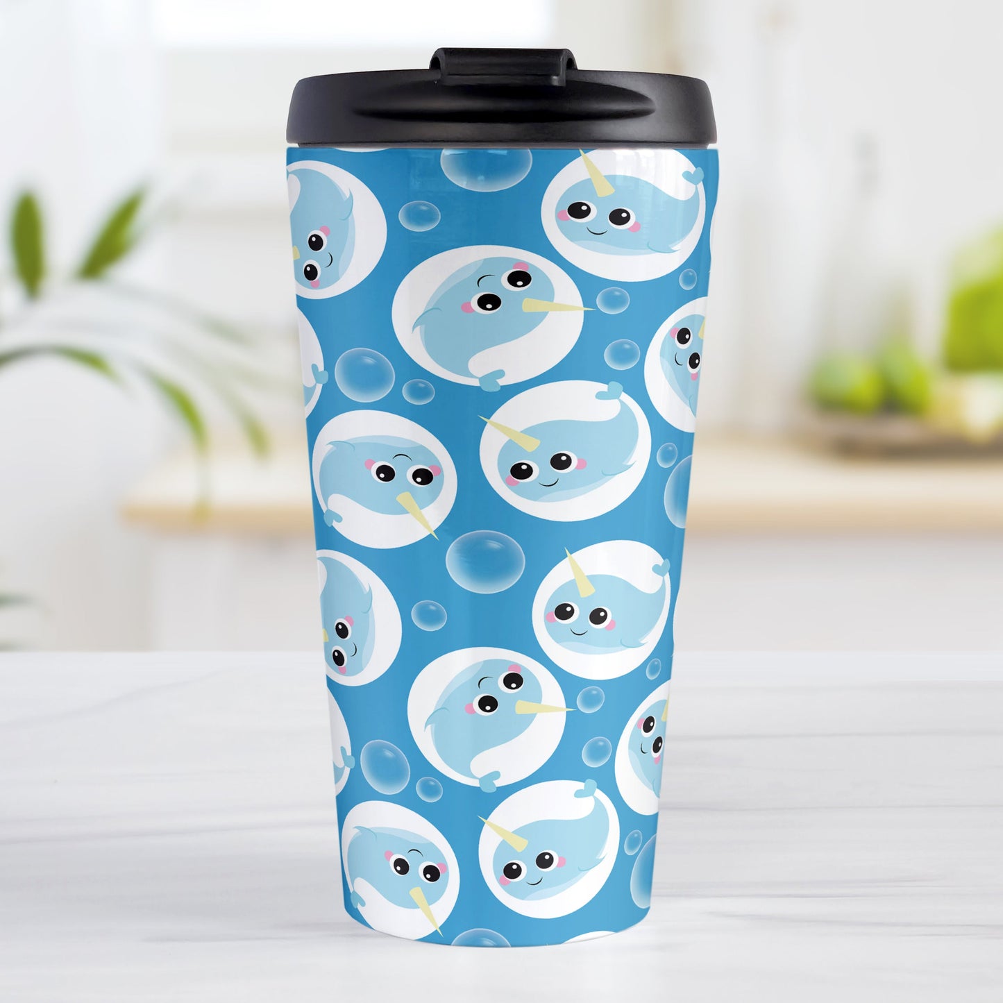 Cute Blue Narwhal Bubble Pattern Travel Mug (15oz, stainless steel insulated) at Amy's Coffee Mugs. A travel mug designed with cute light blue narwhals in white circles and with bubbles scattered over a blue background color in a pattern that wraps around the travel mug.
