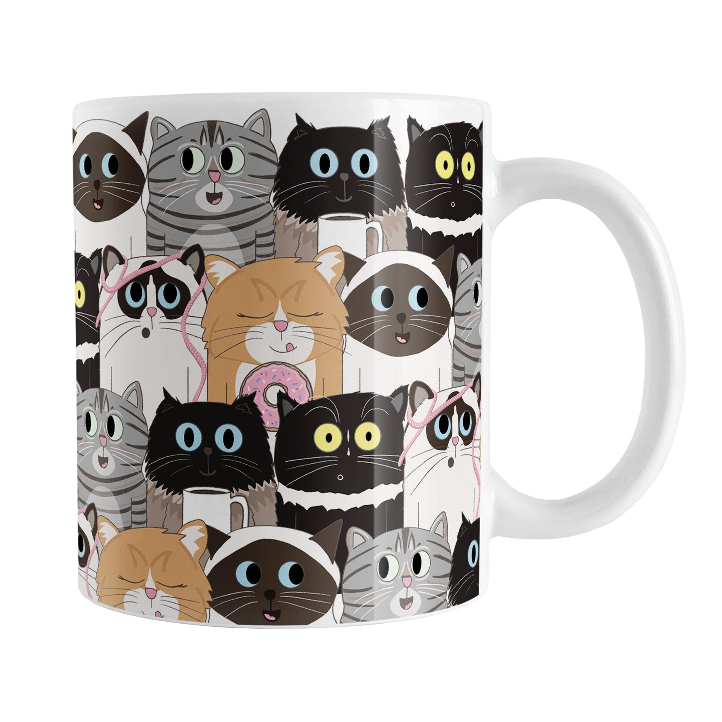 Cute Cat Stack Pattern Mug (11oz) at Amy's Coffee Mugs. Cute cats mug with an illustrated pattern of different breeds of cats with different fun expressions, with yarn, coffee, and donuts. This stacked pattern of cats wraps around the ceramic mug to the handle.