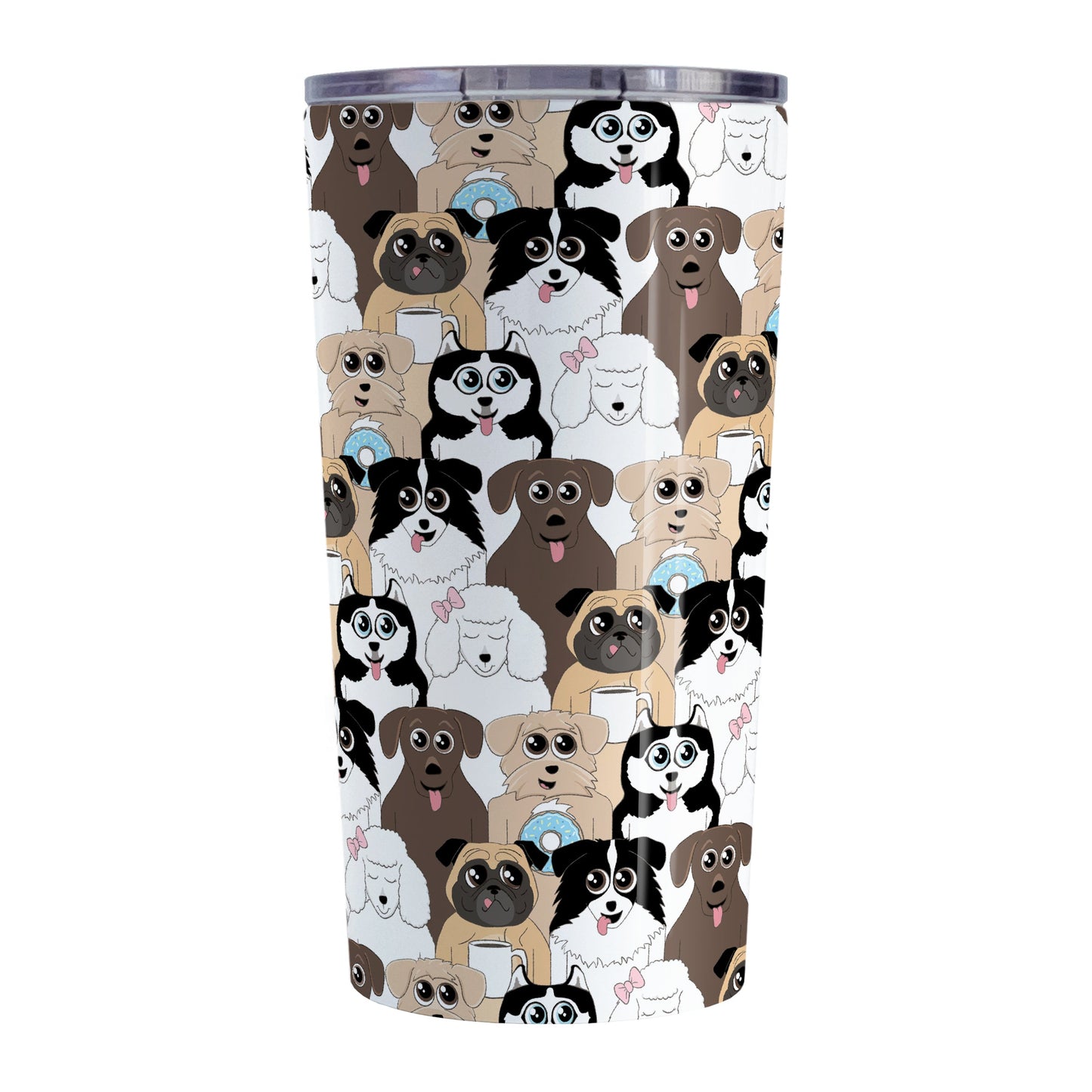 Cute Dog Stack Pattern Tumbler Cup (20oz) at Amy's Coffee Mugs. A stainless steel insulated tumbler cup designed with fun dogs in a variety of breeds, expressions, and designs in a stacked pattern that wraps around the cup. Breeds include husky, collie, pug, poodle, and chocolate lab. Get it for yourself or as a gift for someone who loves dogs, and cute and fun animal patterns.
