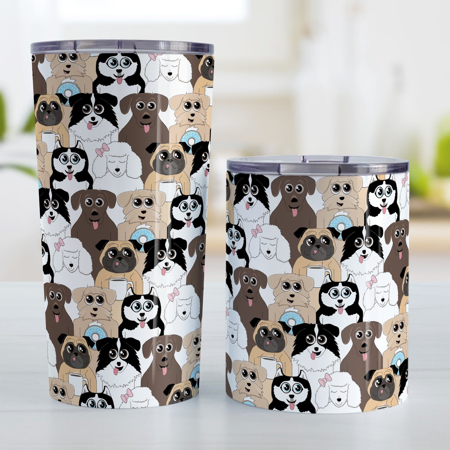 Cute Dog Stack Pattern Tumbler Cup (20oz and 10oz) at Amy's Coffee Mugs. Stainless steel insulated tumbler cups designed with fun dogs in a variety of breeds, expressions, and designs in a stacked pattern that wraps around the cups. Breeds include husky, collie, pug, poodle, and chocolate lab. Get it for yourself or as a gift for someone who loves dogs, and cute and fun animal patterns. Photo shows both sized cups next to each other.