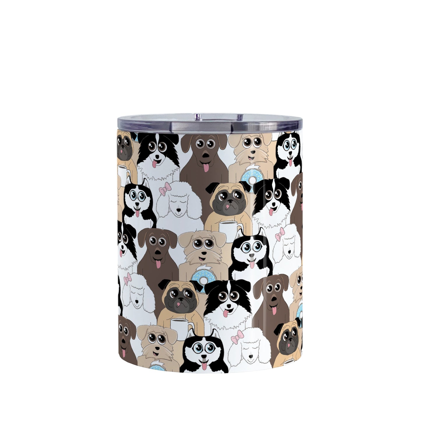 Cute Dog Stack Pattern Tumbler Cup (10oz) at Amy's Coffee Mugs. A stainless steel insulated tumbler cup designed with fun dogs in a variety of breeds, expressions, and designs in a stacked pattern that wraps around the cup. Breeds include husky, collie, pug, poodle, and chocolate lab. Get it for yourself or as a gift for someone who loves dogs, and cute and fun animal patterns.