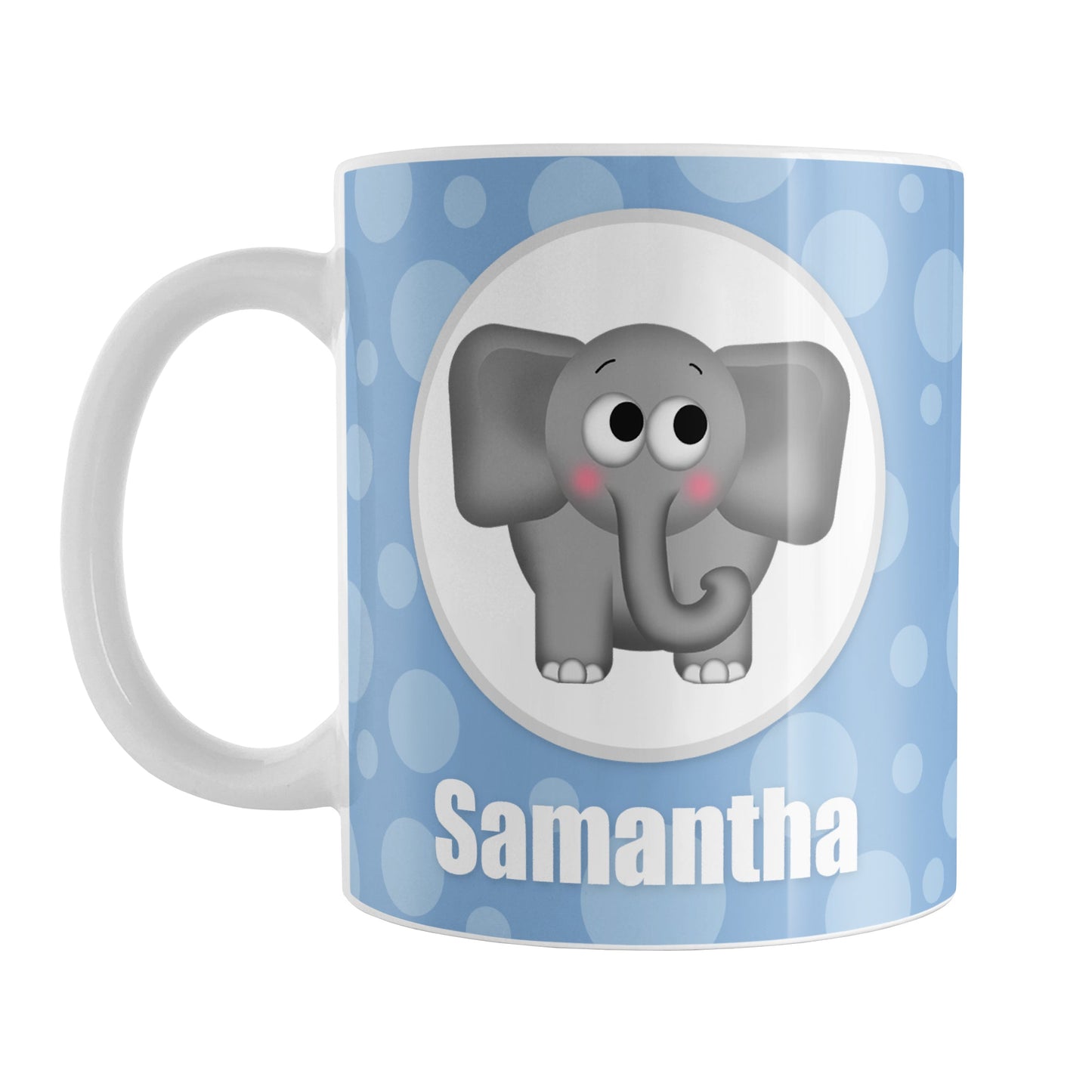 Personalized Cute Elephant Bubbly Blue Mug (11oz) at Amy's Coffee Mugs. A ceramic coffee mug designed with an adorable and affectionate gray elephant in a white circle outlined in gray on both sides of the mug over a blue bubbly background that wraps around the mug up to the handle. Your name is personalized in white below the cute elephant.