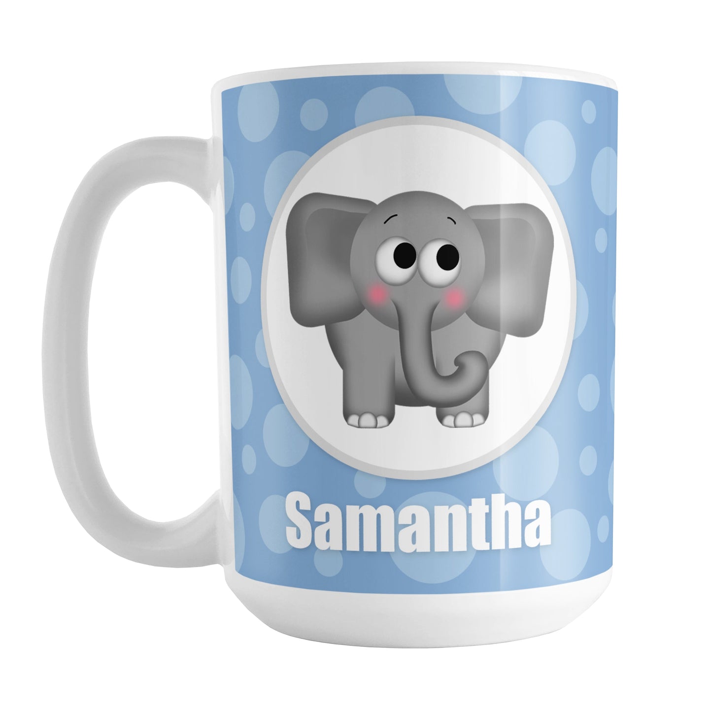 Personalized Cute Elephant Bubbly Blue Mug (15oz) at Amy's Coffee Mugs. A ceramic coffee mug designed with an adorable and affectionate gray elephant in a white circle outlined in gray on both sides of the mug over a blue bubbly background that wraps around the mug up to the handle. Your name is personalized in white below the cute elephant.