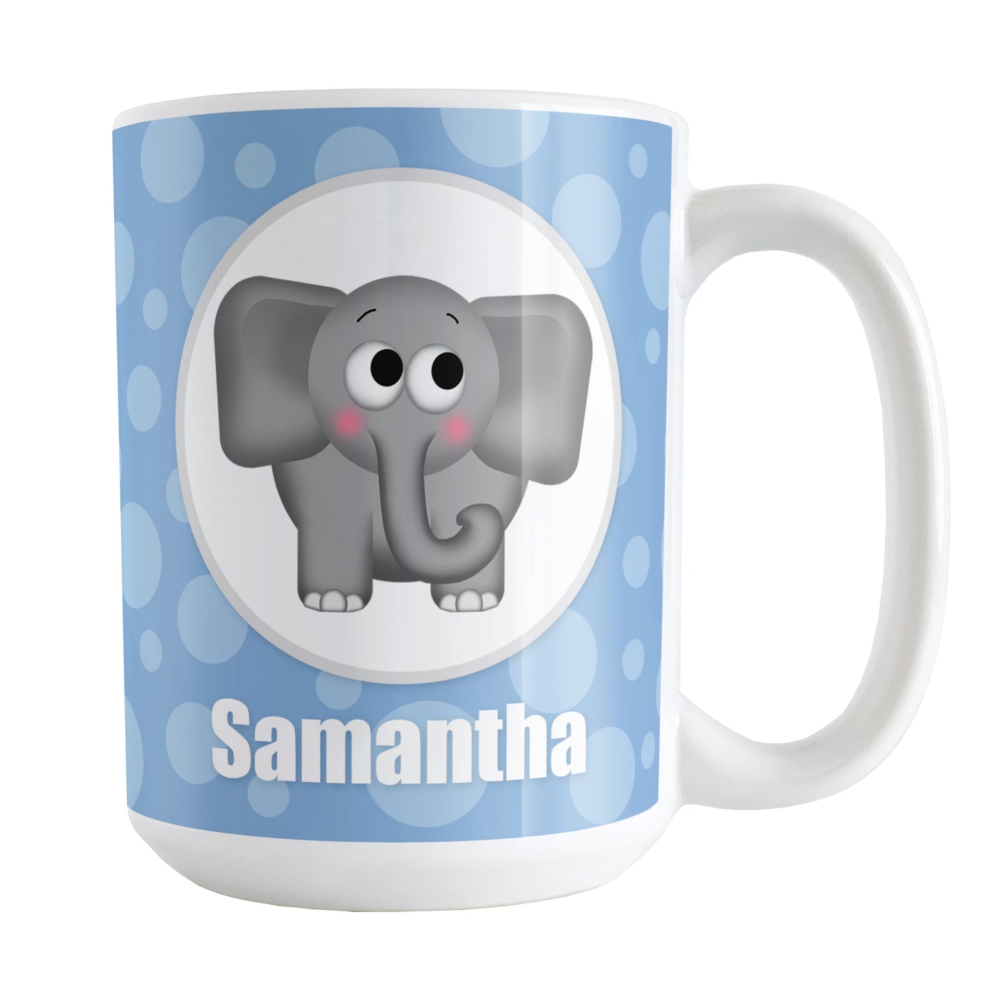 Personalized Cute Elephant Bubbly Blue Mug (15oz) at Amy's Coffee Mugs. A ceramic coffee mug designed with an adorable and affectionate gray elephant in a white circle outlined in gray on both sides of the mug over a blue bubbly background that wraps around the mug up to the handle. Your name is personalized in white below the cute elephant.