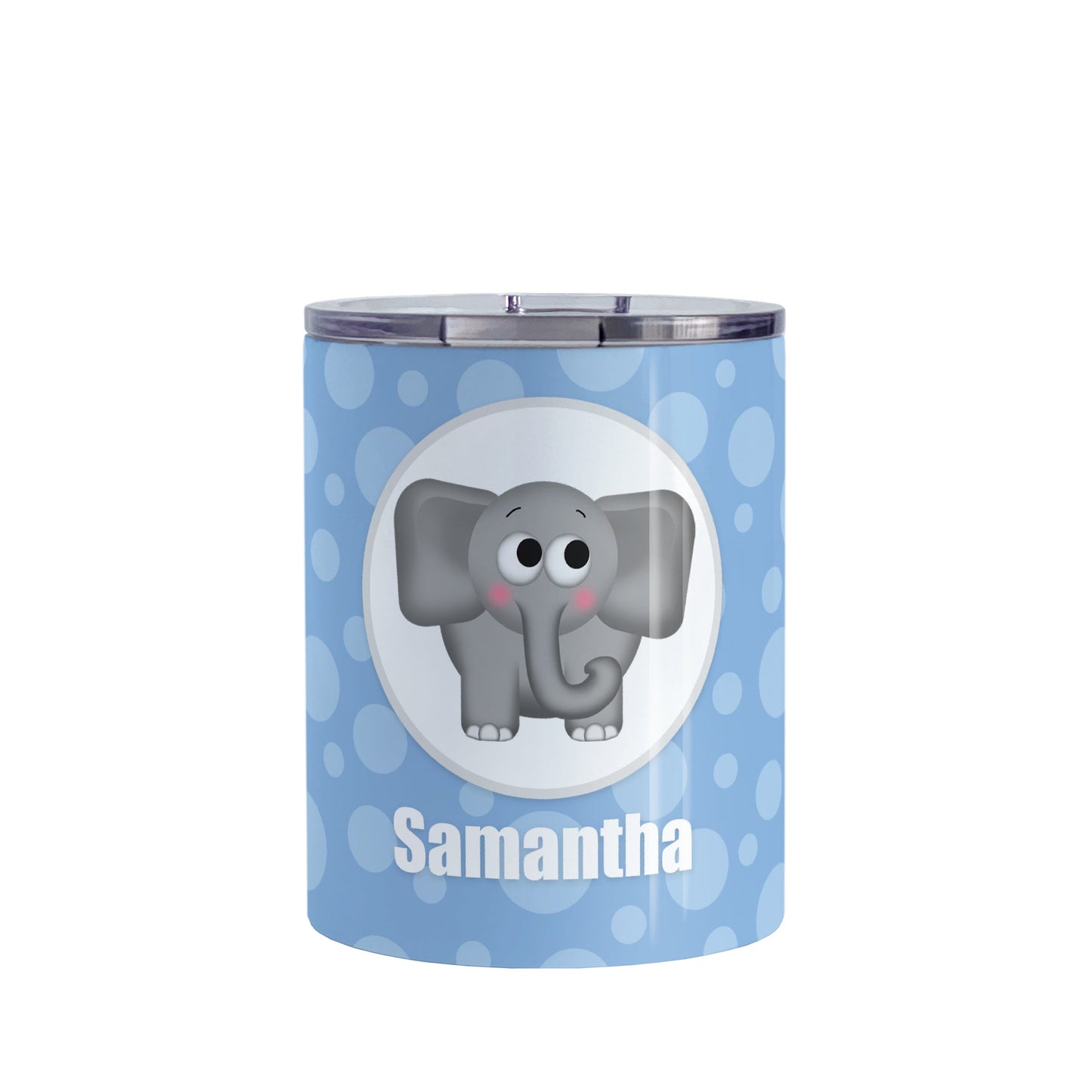 Cute Elephant Bubbly Blue Personalized Tumbler Cup (10oz, stainless steel insulated) at Amy's Coffee Mugs. A tumbler cup designed with an adorable and affectionate gray elephant in a white circle outlined in gray over a blue bubbly background that wraps around the cup. Your name is personalized in white below the cute elephant.