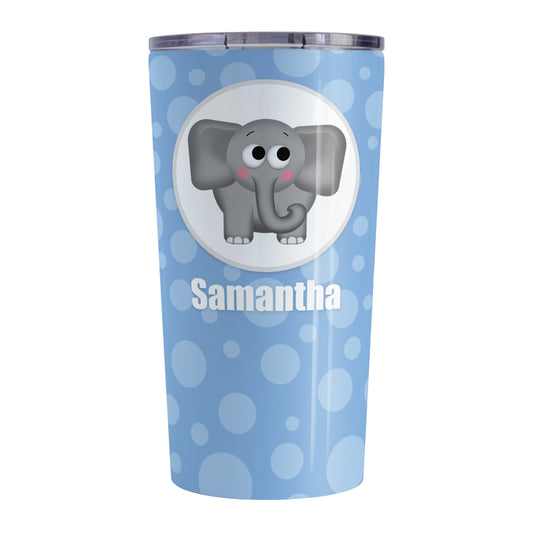 Cute Elephant Bubbly Blue Personalized Tumbler Cup (20oz, stainless steel insulated) at Amy's Coffee Mugs. A tumbler cup designed with an adorable and affectionate gray elephant in a white circle outlined in gray over a blue bubbly background that wraps around the cup. Your name is personalized in white below the cute elephant.