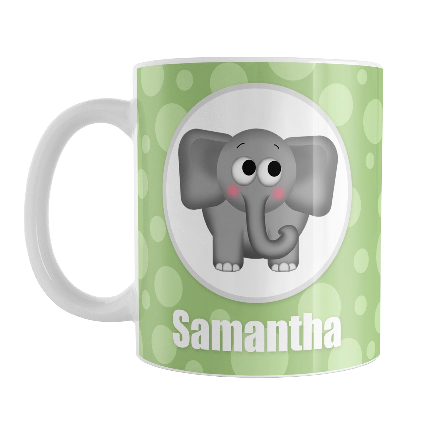Personalized Cute Elephant Bubbly Green Mug (11oz) at Amy's Coffee Mugs. A ceramic coffee mug designed with an adorable and affectionate gray elephant in a white circle outlined in gray on both sides of the mug over a green bubbly background that wraps around the mug up to the handle. Your name is personalized in white below the cute elephant.