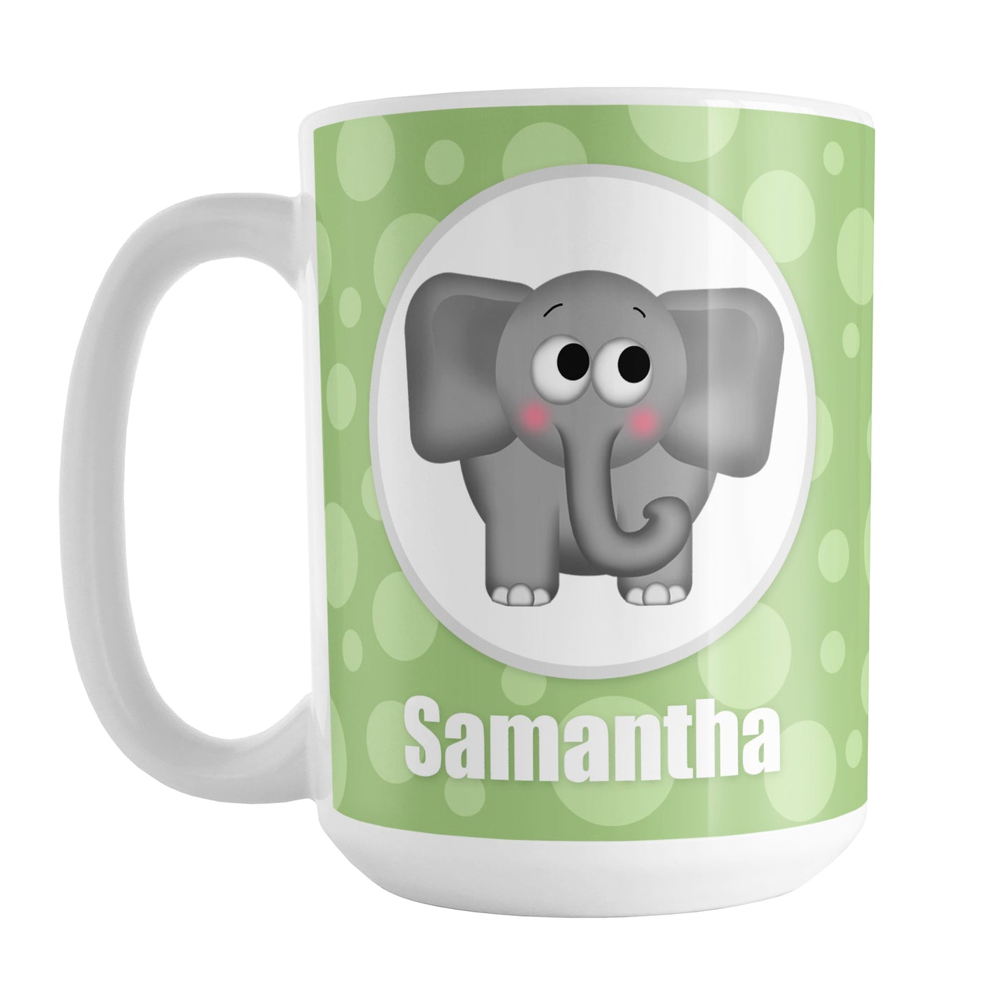 Personalized Cute Elephant Bubbly Green Mug (15oz) at Amy's Coffee Mugs. A ceramic coffee mug designed with an adorable and affectionate gray elephant in a white circle outlined in gray on both sides of the mug over a green bubbly background that wraps around the mug up to the handle. Your name is personalized in white below the cute elephant.