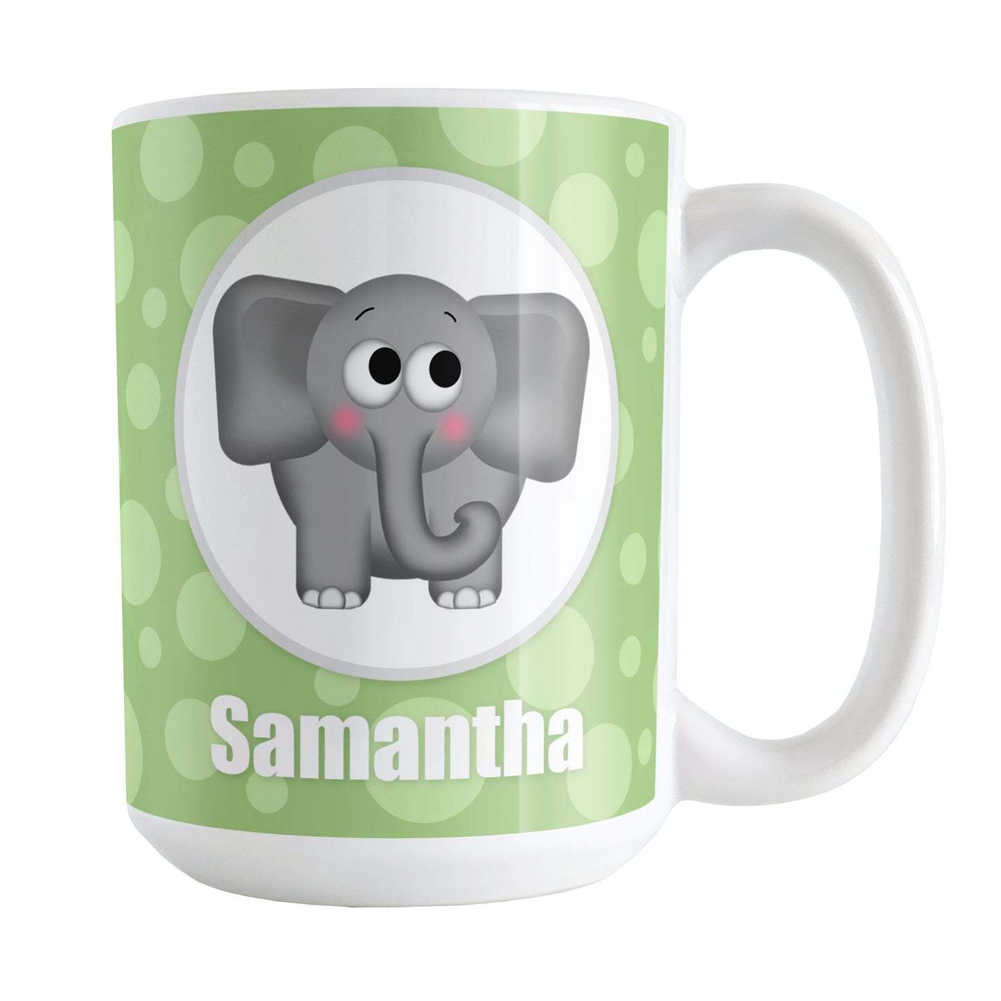 Personalized Cute Elephant Bubbly Green Mug (15oz) at Amy's Coffee Mugs. A ceramic coffee mug designed with an adorable and affectionate gray elephant in a white circle outlined in gray on both sides of the mug over a green bubbly background that wraps around the mug up to the handle. Your name is personalized in white below the cute elephant.