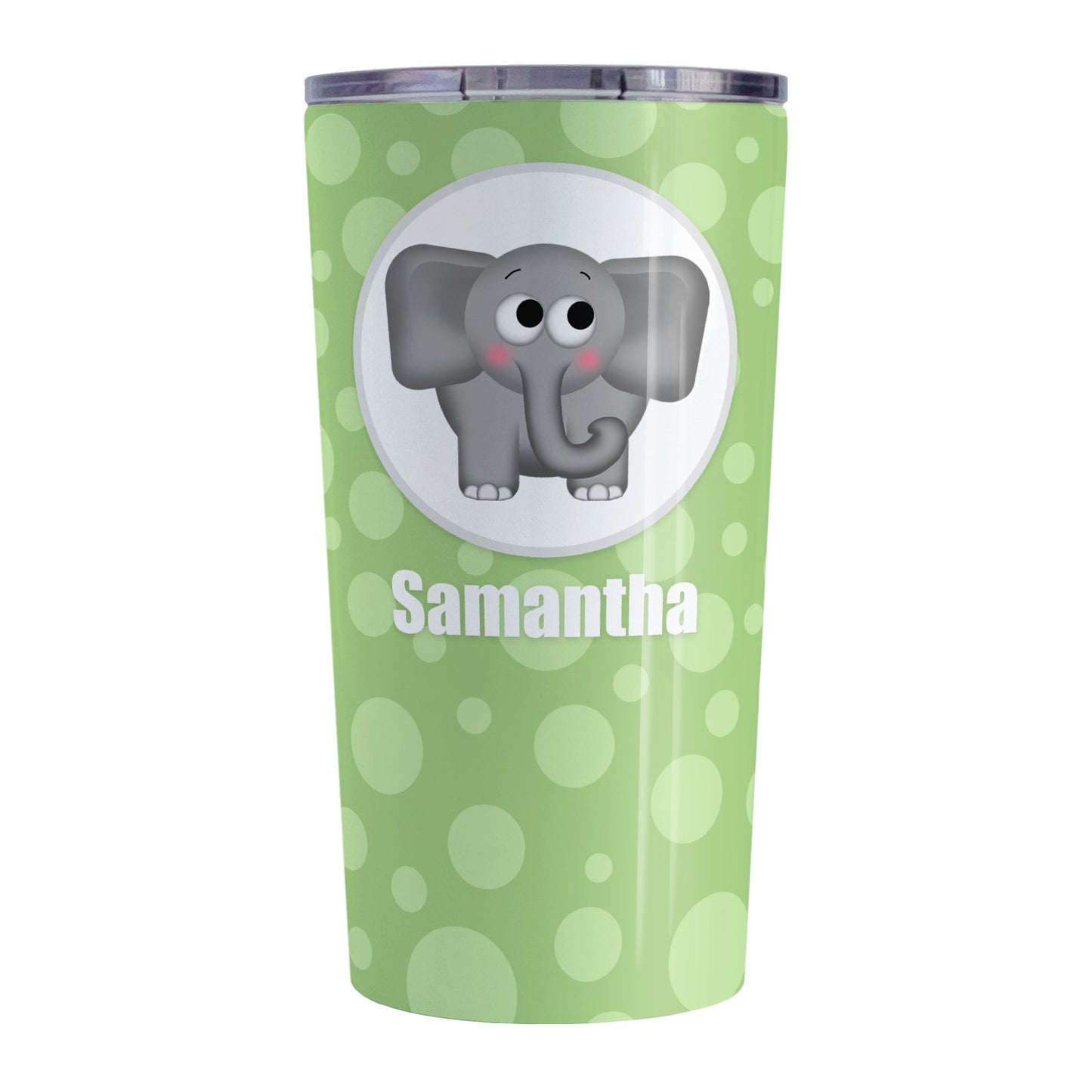 Cute Elephant Bubbly Green Personalized Tumbler Cup (20oz, stainless steel insulated) at Amy's Coffee Mugs. A tumbler cup designed with an adorable and affectionate gray elephant in a white circle outlined in gray over a green bubbly background that wraps around the cup. Your name is personalized in white below the cute elephant.