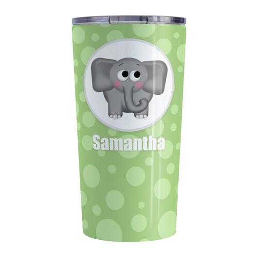 Cute Elephant Bubbly Green Personalized Tumbler Cup (20oz, stainless steel insulated) at Amy's Coffee Mugs. A tumbler cup designed with an adorable and affectionate gray elephant in a white circle outlined in gray over a green bubbly background that wraps around the cup. Your name is personalized in white below the cute elephant.