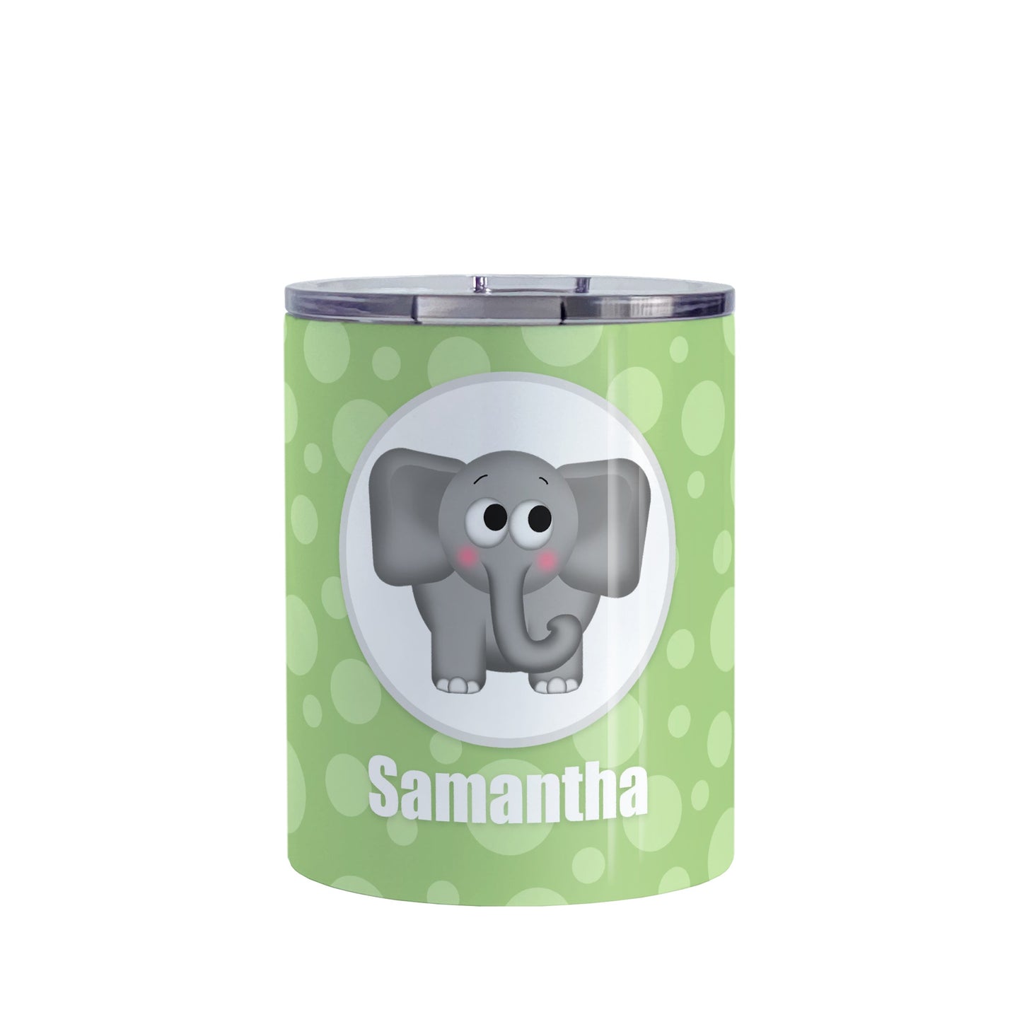 Cute Elephant Bubbly Green Personalized Tumbler Cup (10oz, stainless steel insulated) at Amy's Coffee Mugs. A tumbler cup designed with an adorable and affectionate gray elephant in a white circle outlined in gray over a green bubbly background that wraps around the cup. Your name is personalized in white below the cute elephant.