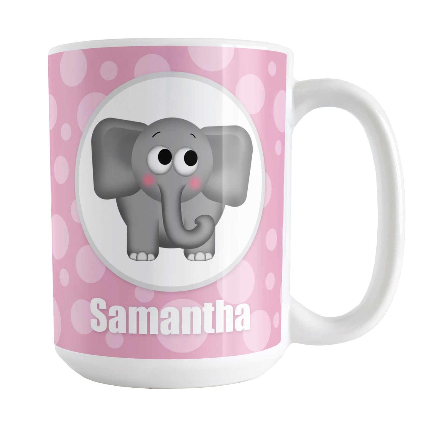 Personalized Cute Elephant Bubbly Pink Mug (15oz) at Amy's Coffee Mugs. A ceramic coffee mug designed with an adorable and affectionate gray elephant in a white circle outlined in gray on both sides of the mug over a pink bubbly background that wraps around the mug up to the handle. Your name is personalized in white below the cute elephant.
