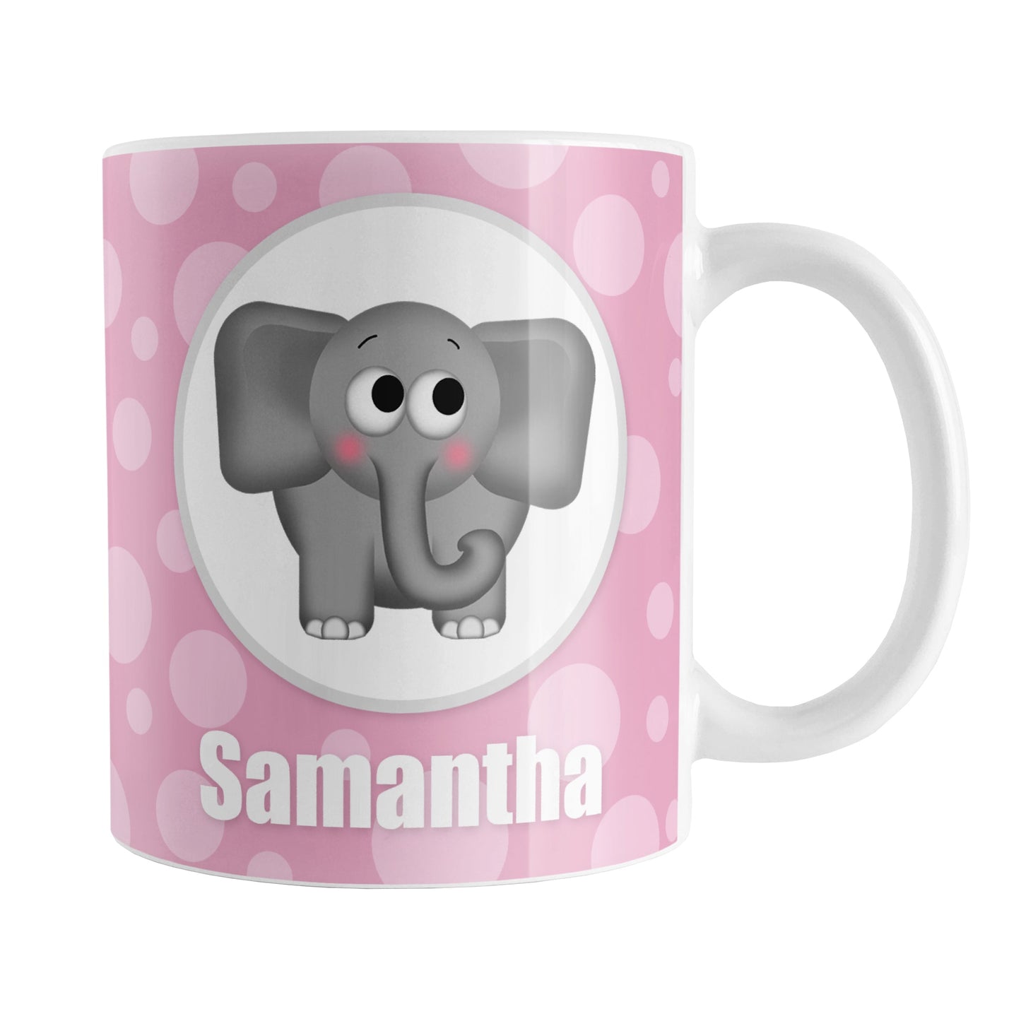 Personalized Cute Elephant Bubbly Pink Mug (11oz) at Amy's Coffee Mugs. A ceramic coffee mug designed with an adorable and affectionate gray elephant in a white circle outlined in gray on both sides of the mug over a pink bubbly background that wraps around the mug up to the handle. Your name is personalized in white below the cute elephant.