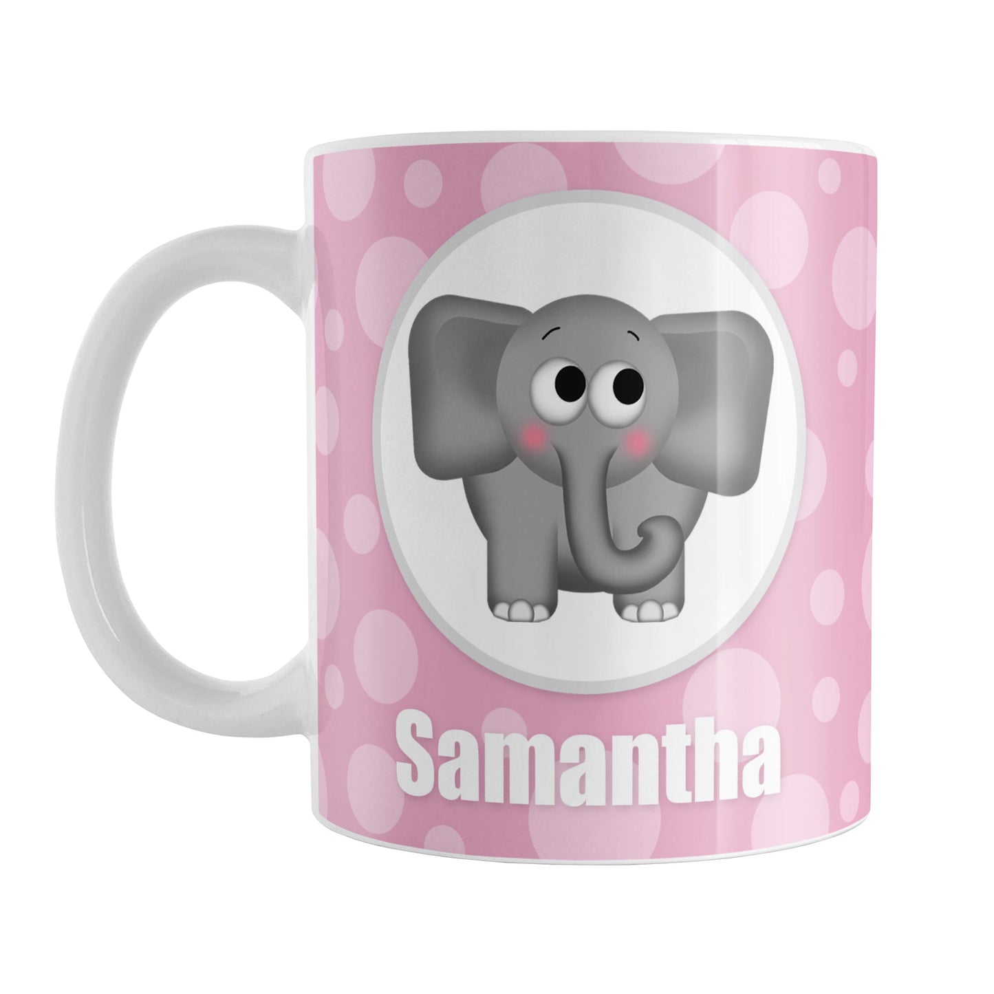 Personalized Cute Elephant Bubbly Pink Mug (11oz) at Amy's Coffee Mugs. A ceramic coffee mug designed with an adorable and affectionate gray elephant in a white circle outlined in gray on both sides of the mug over a pink bubbly background that wraps around the mug up to the handle. Your name is personalized in white below the cute elephant.