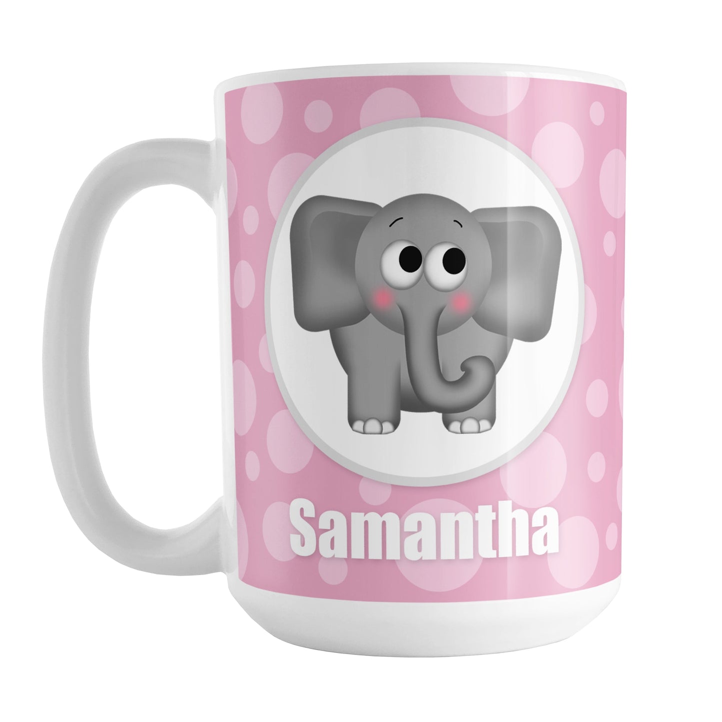 Personalized Cute Elephant Bubbly Pink Mug (15oz) at Amy's Coffee Mugs. A ceramic coffee mug designed with an adorable and affectionate gray elephant in a white circle outlined in gray on both sides of the mug over a pink bubbly background that wraps around the mug up to the handle. Your name is personalized in white below the cute elephant.