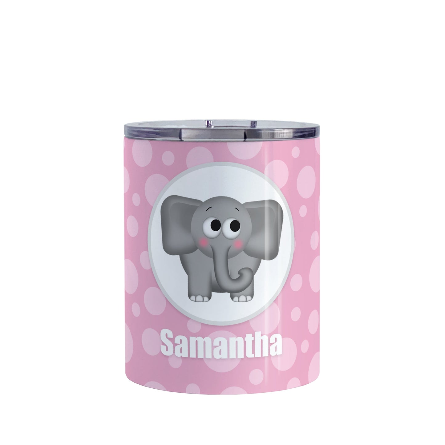 Cute Elephant Bubbly Pink Personalized Tumbler Cup (10oz, stainless steel insulated) at Amy's Coffee Mugs. A tumbler cup designed with an adorable and affectionate gray elephant in a white circle outlined in gray over a pink bubbly background that wraps around the cup. Your name is personalized in white below the cute elephant.