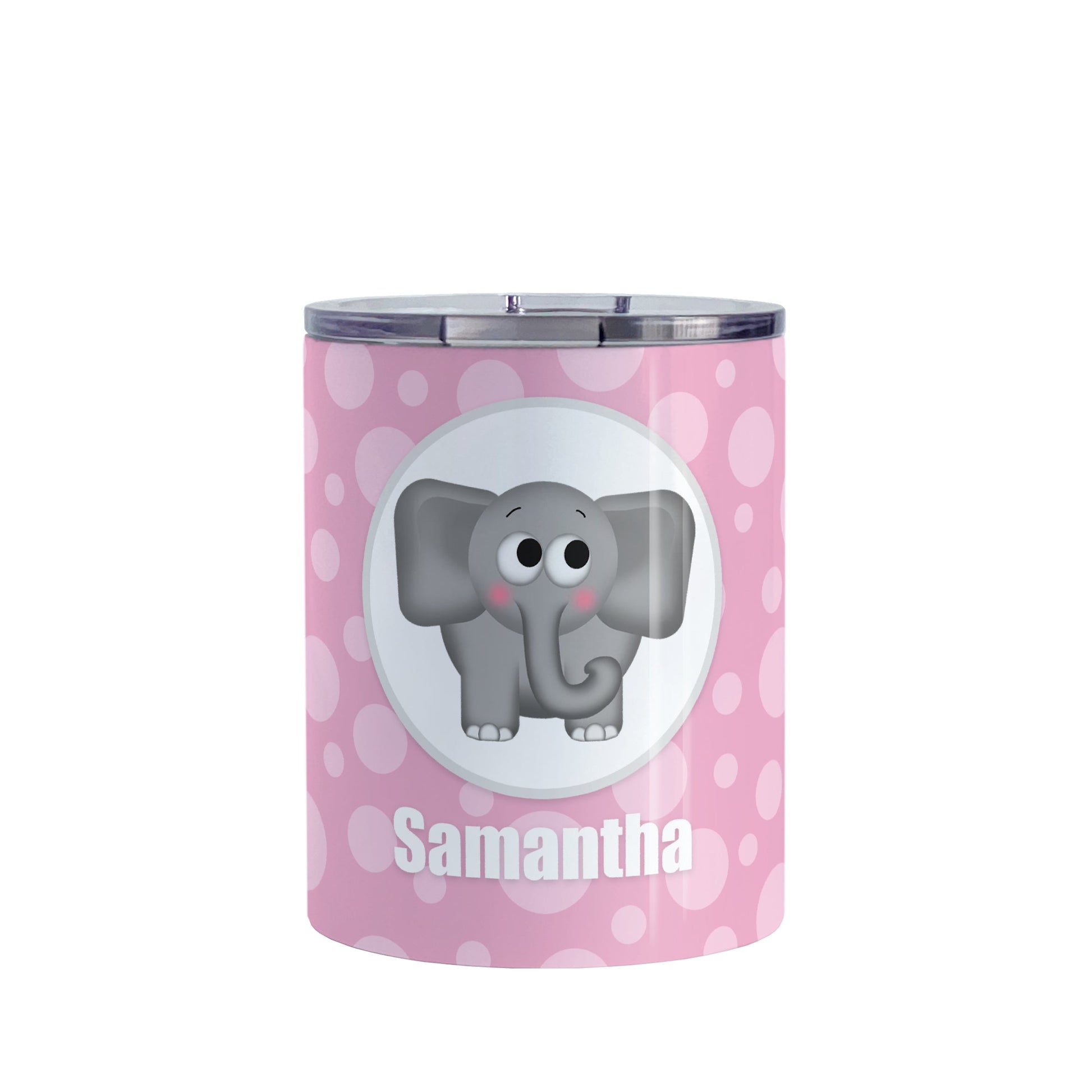 Cute Elephant Bubbly Pink Personalized Tumbler Cup (10oz, stainless steel insulated) at Amy's Coffee Mugs. A tumbler cup designed with an adorable and affectionate gray elephant in a white circle outlined in gray over a pink bubbly background that wraps around the cup. Your name is personalized in white below the cute elephant.