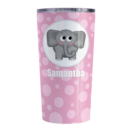 Cute Elephant Bubbly Pink Personalized Tumbler Cup (20oz, stainless steel insulated) at Amy's Coffee Mugs. A tumbler cup designed with an adorable and affectionate gray elephant in a white circle outlined in gray over a pink bubbly background that wraps around the cup. Your name is personalized in white below the cute elephant.