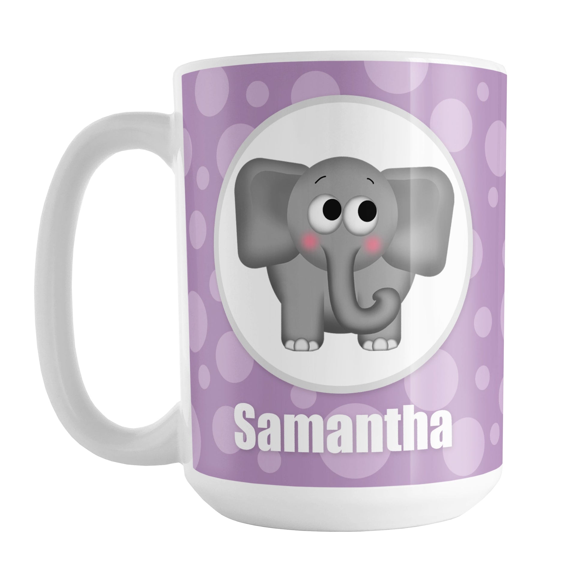 Cute Elephant Bubbly Purple Personalized Mug (15oz) at Amy's Coffee Mugs. A ceramic coffee mug designed with an adorable and affectionate gray elephant in a white circle outlined in gray on both sides of the mug over a purple bubbly background that wraps around the mug up to the handle. Your name is personalized in white below the cute elephant.