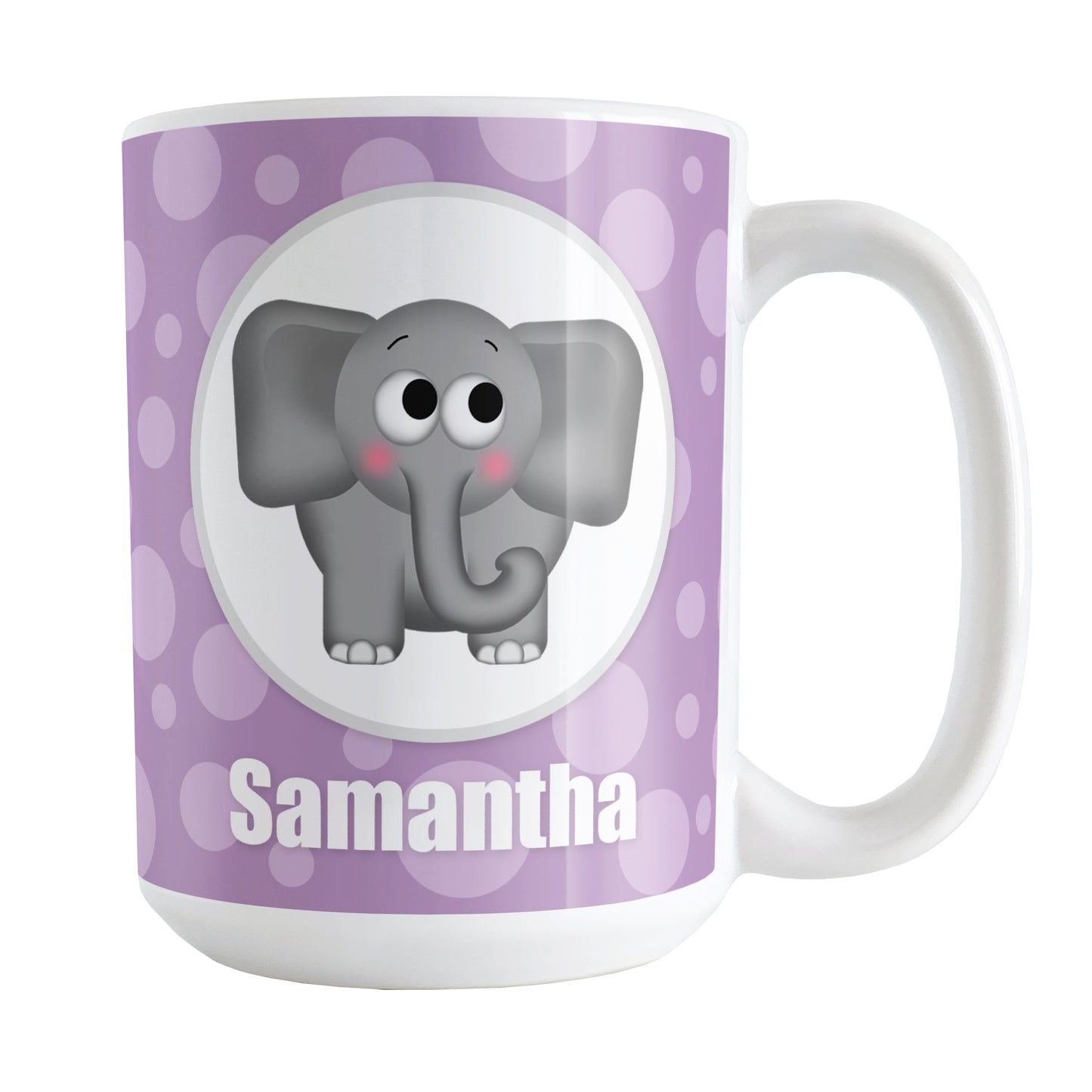 Cute Elephant Bubbly Purple Personalized Mug (15oz) at Amy's Coffee Mugs. A ceramic coffee mug designed with an adorable and affectionate gray elephant in a white circle outlined in gray on both sides of the mug over a purple bubbly background that wraps around the mug up to the handle. Your name is personalized in white below the cute elephant.