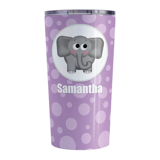 Cute Elephant Bubbly Purple Personalized Tumbler Cup (20oz, stainless steel insulated) at Amy's Coffee Mugs. A tumbler cup designed with an adorable and affectionate gray elephant in a white circle outlined in gray over a purple bubbly background that wraps around the cup. Your name is personalized in white below the cute elephant.