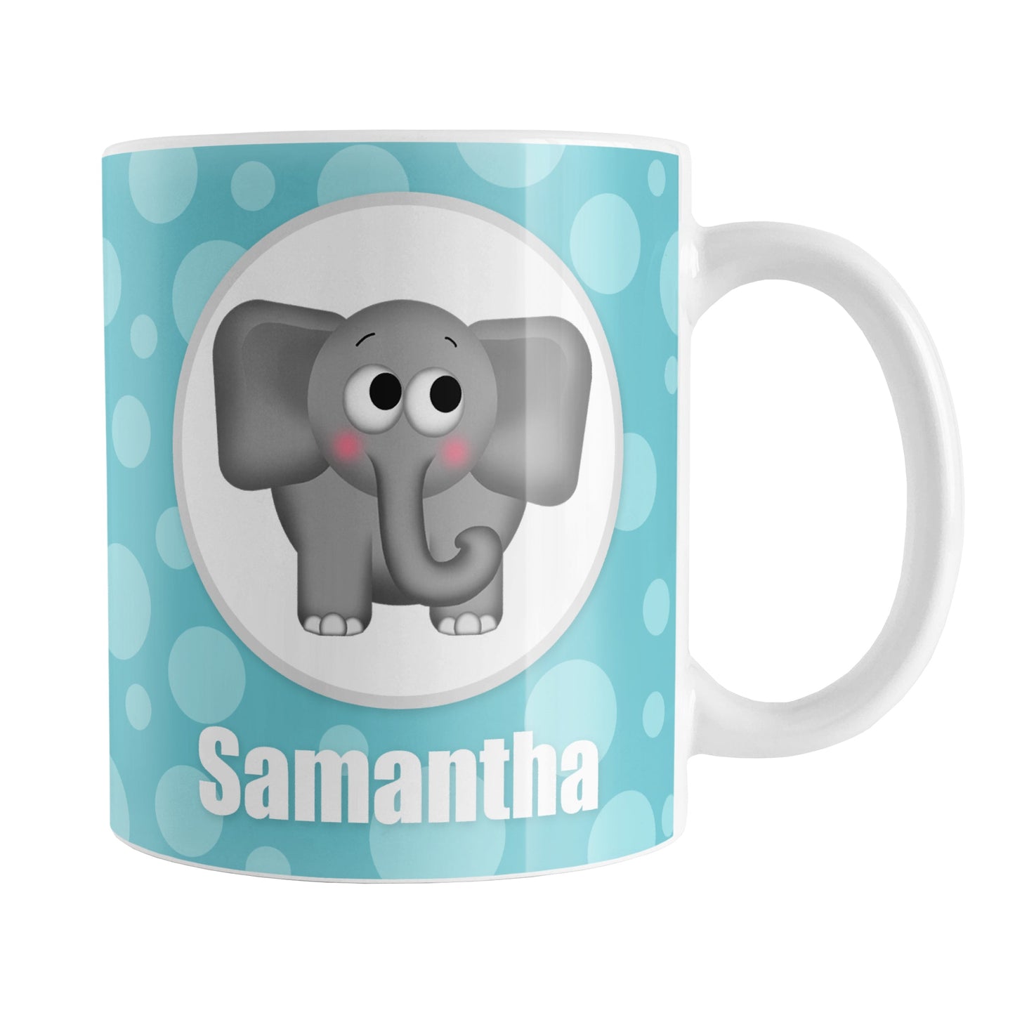 Cute Elephant Bubbly Turquoise Personalized Mug (11oz) at Amy's Coffee Mugs. A ceramic coffee mug designed with an adorable and affectionate gray elephant in a white circle outlined in gray on both sides of the mug over a turquoise bubbly background that wraps around the mug up to the handle. Your name is personalized in white below the cute elephant.