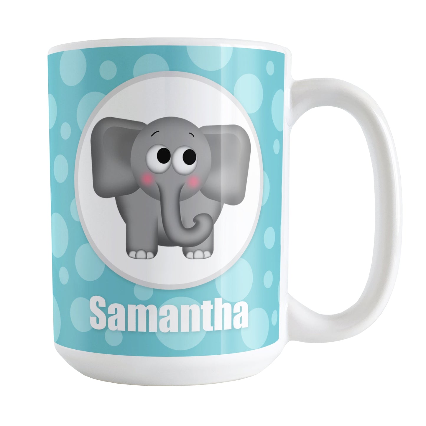 Cute Elephant Bubbly Turquoise Personalized Mug (15oz) at Amy's Coffee Mugs. A ceramic coffee mug designed with an adorable and affectionate gray elephant in a white circle outlined in gray on both sides of the mug over a turquoise bubbly background that wraps around the mug up to the handle. Your name is personalized in white below the cute elephant.