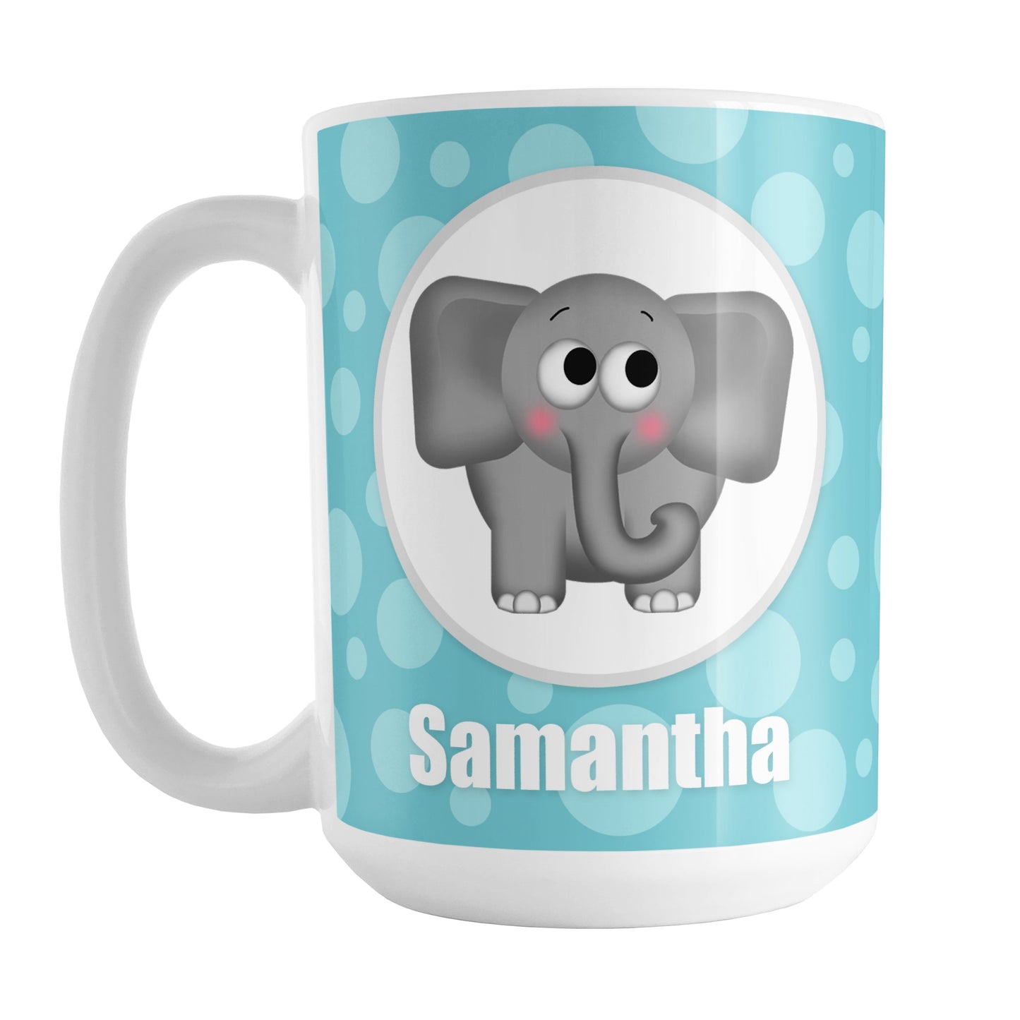 Cute Elephant Bubbly Turquoise Personalized Mug (15oz) at Amy's Coffee Mugs. A ceramic coffee mug designed with an adorable and affectionate gray elephant in a white circle outlined in gray on both sides of the mug over a turquoise bubbly background that wraps around the mug up to the handle. Your name is personalized in white below the cute elephant.