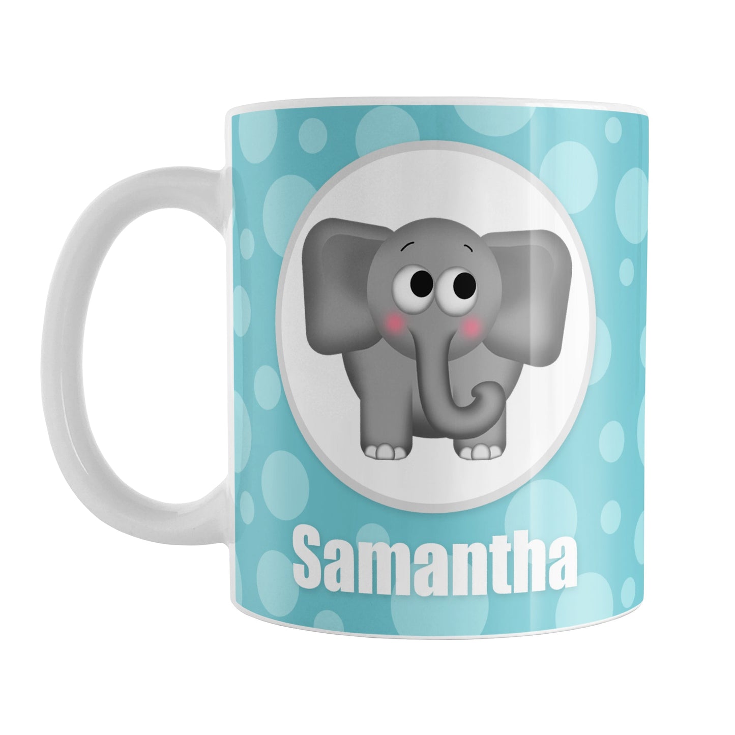 Cute Elephant Bubbly Turquoise Personalized Mug (11oz) at Amy's Coffee Mugs. A ceramic coffee mug designed with an adorable and affectionate gray elephant in a white circle outlined in gray on both sides of the mug over a turquoise bubbly background that wraps around the mug up to the handle. Your name is personalized in white below the cute elephant.