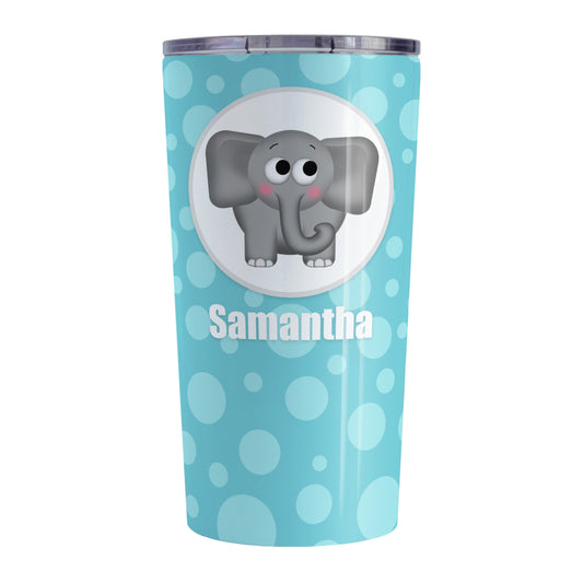 Cute Elephant Bubbly Turquoise Personalized Tumbler Cup (20oz, stainless steel insulated) at Amy's Coffee Mugs. A tumbler cup designed with an adorable and affectionate gray elephant in a white circle outlined in gray over a turquoise bubbly background that wraps around the cup. Your name is personalized in white below the cute elephant.