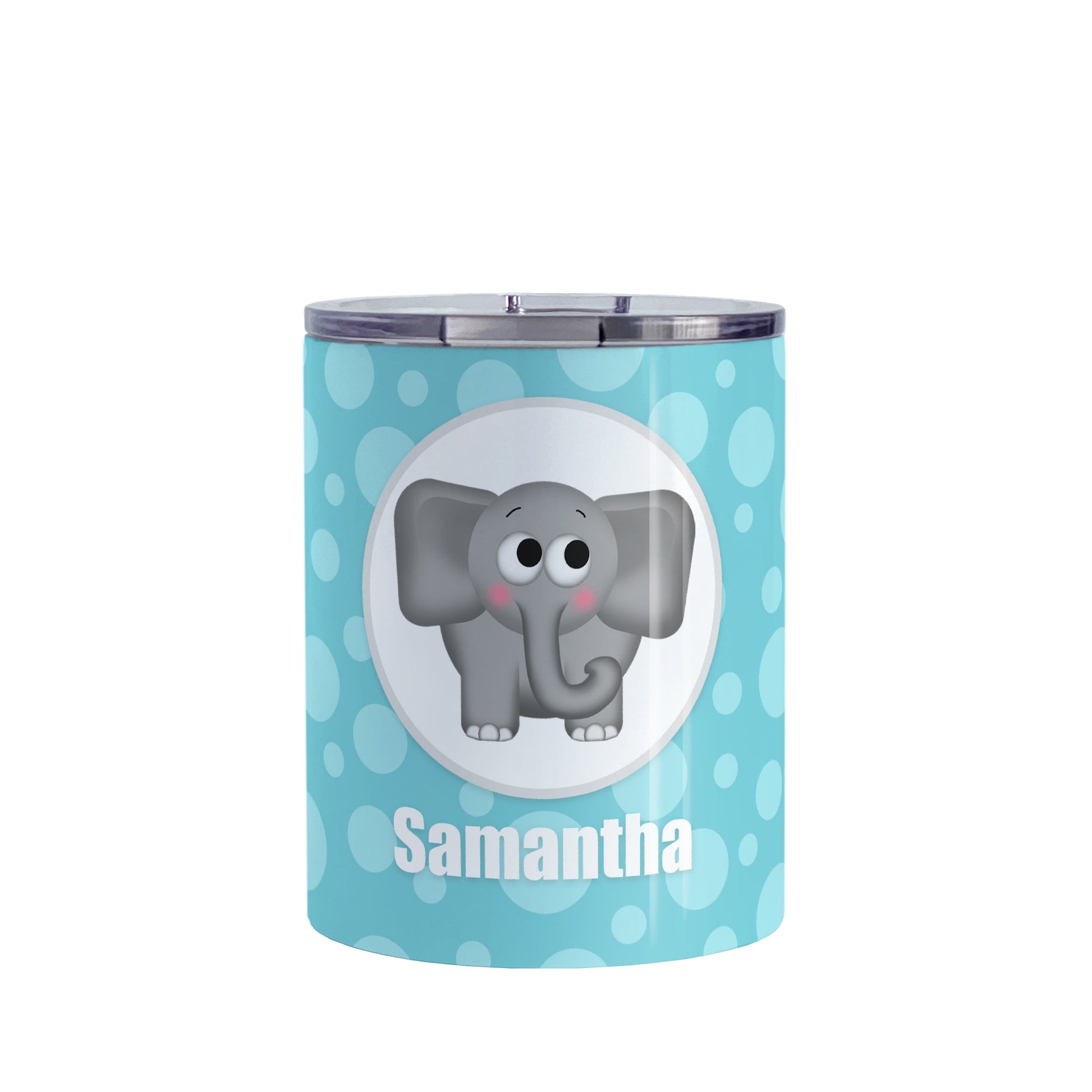 Cute Elephant Bubbly Turquoise Personalized Tumbler Cup (10oz, stainless steel insulated) at Amy's Coffee Mugs. A tumbler cup designed with an adorable and affectionate gray elephant in a white circle outlined in gray over a turquoise bubbly background that wraps around the cup. Your name is personalized in white below the cute elephant.