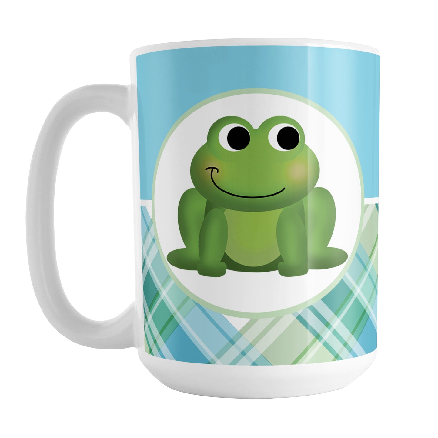 Cute Frog Green and Blue Plaid Mug (15oz) at Amy's Coffee Mugs. A ceramic coffee mug designed with a cute and smiling green frog on both sides of the mug over a background design that wraps around the mug up to the handle, with a solid blue color along the top and a blue and green plaid pattern along the bottom.