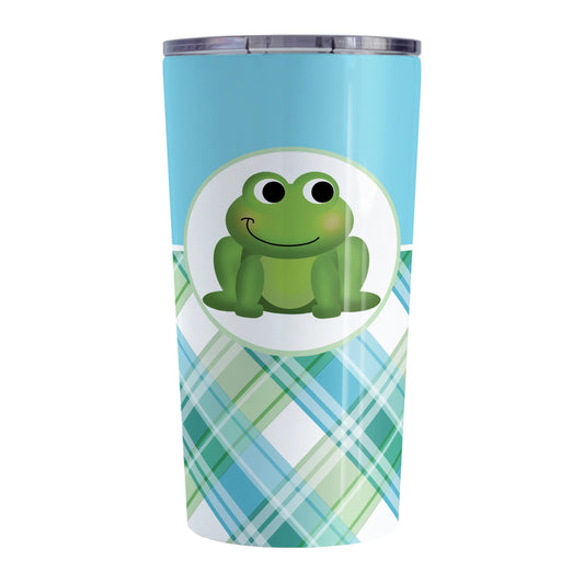 Cute Frog Green and Blue Plaid Tumbler Cup (20oz, stainless steel insulated) at Amy's Coffee Mugs. A tumbler cup designed with a cute and smiling green frog over a background design that wraps around the cup with a solid blue color along the top and a blue and green plaid pattern along the bottom.