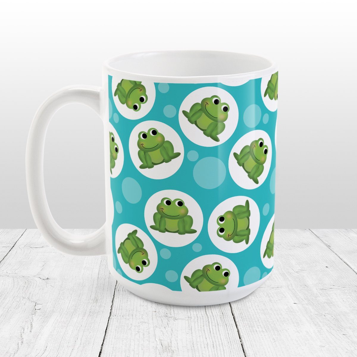 Cute Frog Pattern Turquoise Mug at Amy's Coffee Mugs