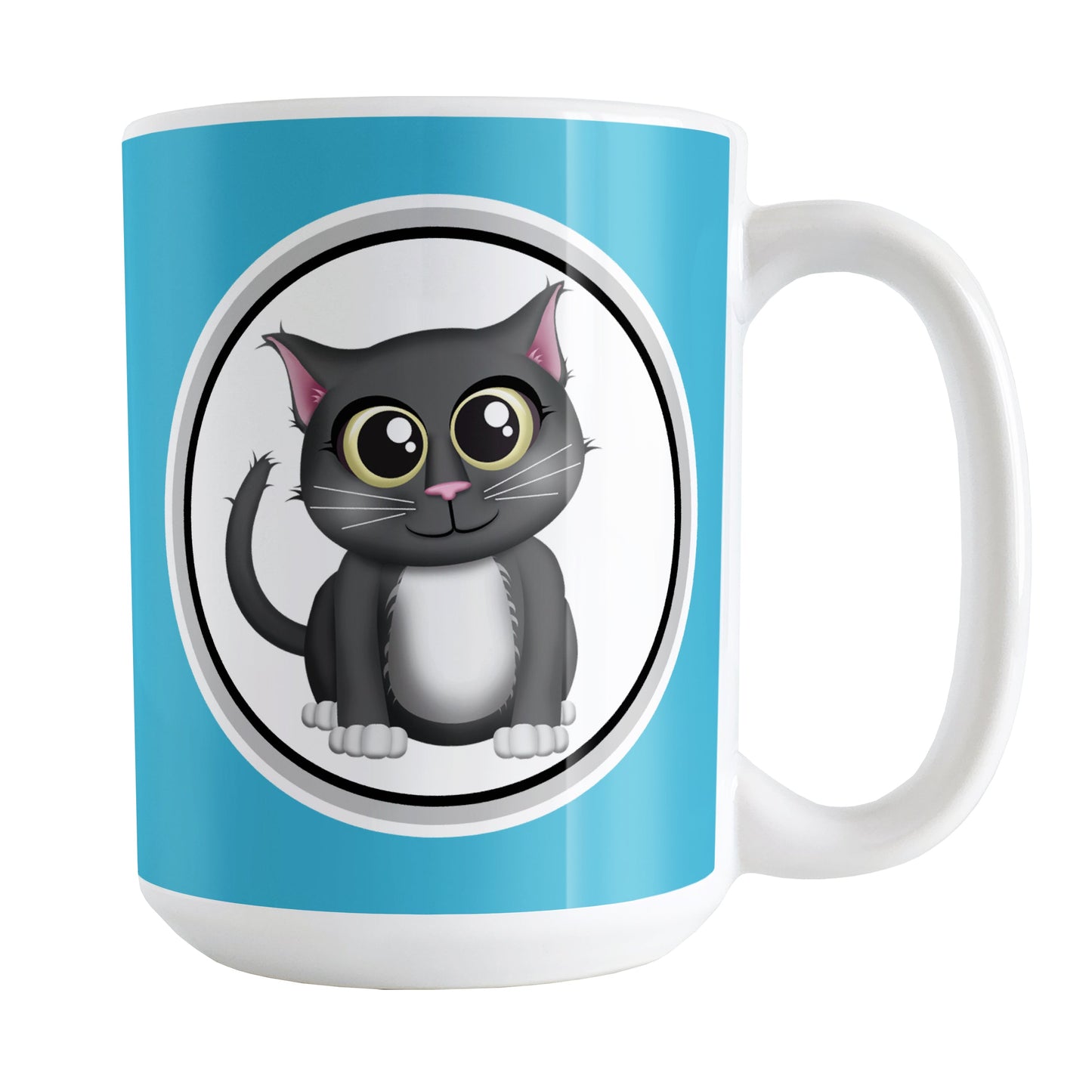 Cute Gray Cat Blue Mug (15oz) at Amy's Coffee Mugs. A ceramic coffee mug designed with an adorable gray cat in a white circle outlined in black and gray on both sides of the mug over a blue background color that wraps around the mug up to the handle.