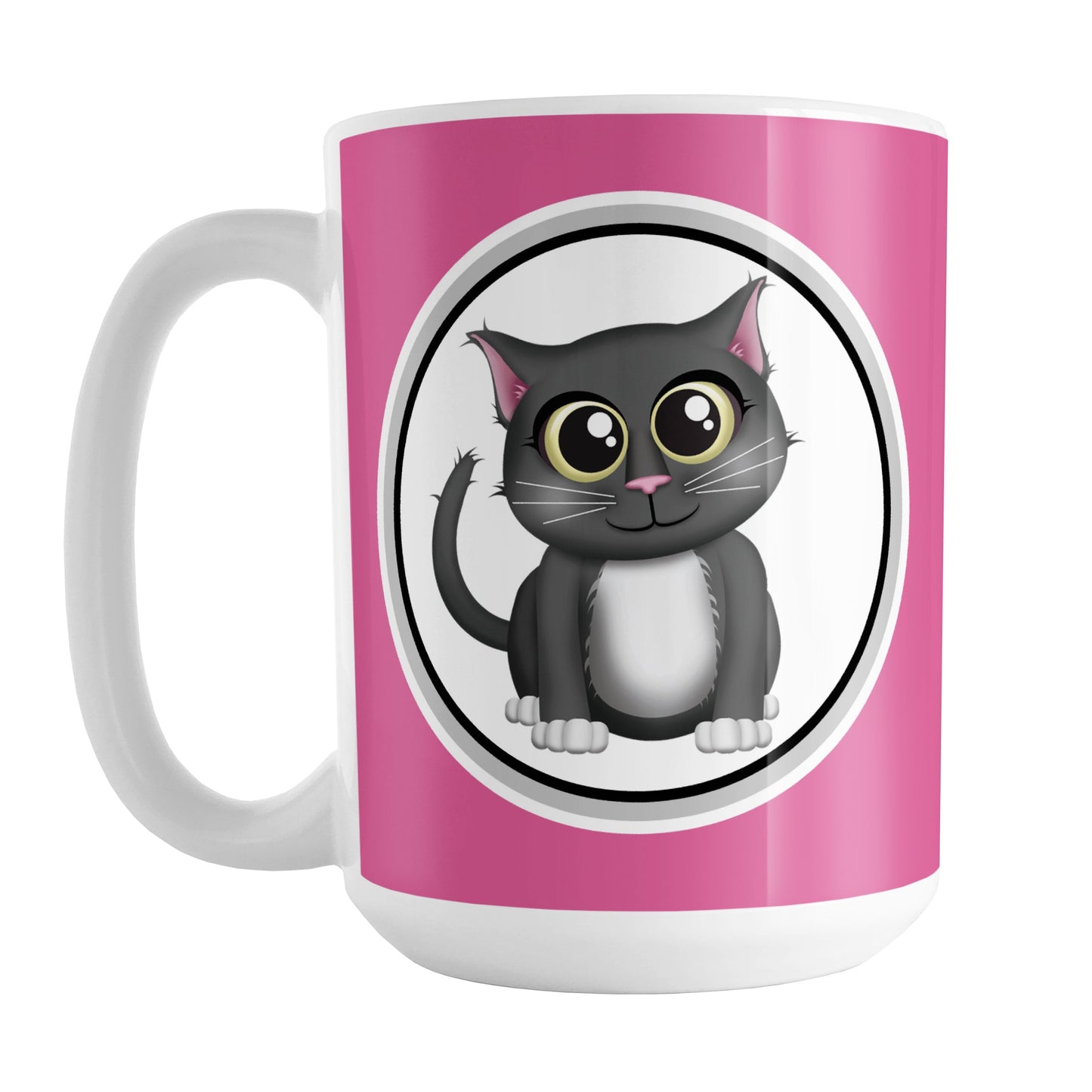 Cute Gray Cat Fuchsia Pink Mug (15oz) at Amy's Coffee Mugs. A ceramic coffee mug designed with an adorable gray cat in a white circle outlined in black and gray on both sides of the mug over a fuchsia pink background color that wraps around the mug up to the handle.