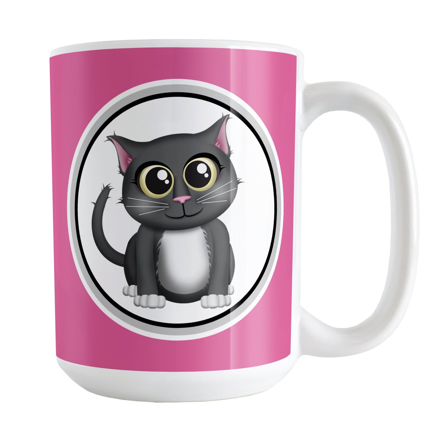 Cute Gray Cat Fuchsia Pink Mug (15oz) at Amy's Coffee Mugs. A ceramic coffee mug designed with an adorable gray cat in a white circle outlined in black and gray on both sides of the mug over a fuchsia pink background color that wraps around the mug up to the handle.