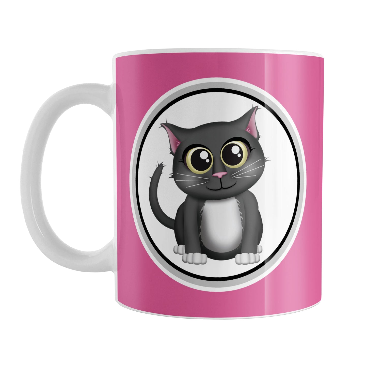 Cute Gray Cat Fuchsia Pink Mug (11oz) at Amy's Coffee Mugs. A ceramic coffee mug designed with an adorable gray cat in a white circle outlined in black and gray on both sides of the mug over a fuchsia pink background color that wraps around the mug up to the handle.