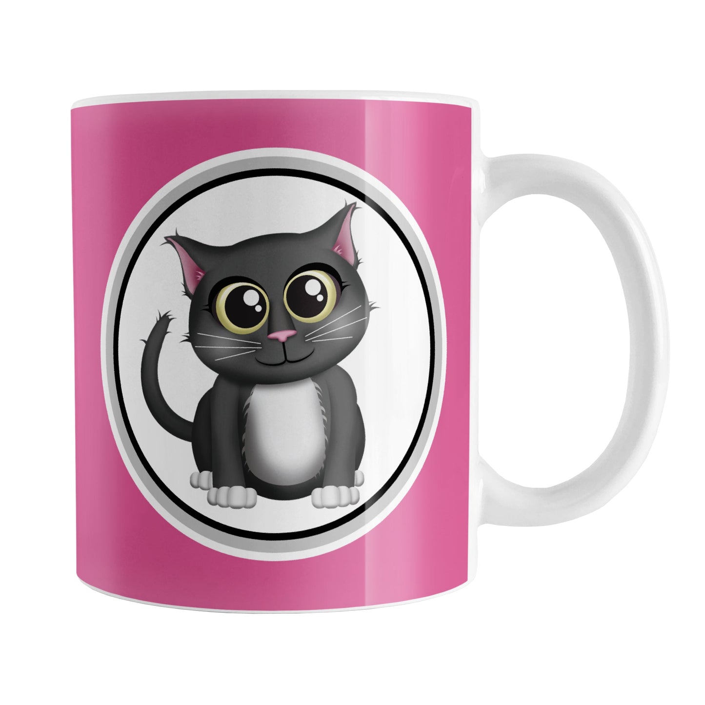 Cute Gray Cat Fuchsia Pink Mug (11oz) at Amy's Coffee Mugs. A ceramic coffee mug designed with an adorable gray cat in a white circle outlined in black and gray on both sides of the mug over a fuchsia pink background color that wraps around the mug up to the handle.