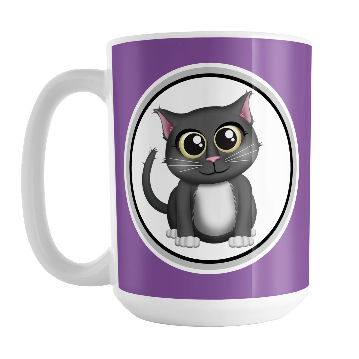 Cute Gray Cat Purple Mug (15oz) at Amy's Coffee Mugs. A ceramic coffee mug designed with an adorable gray cat in a white circle outlined in black and gray on both sides of the mug over a purple background color that wraps around the mug up to the handle.