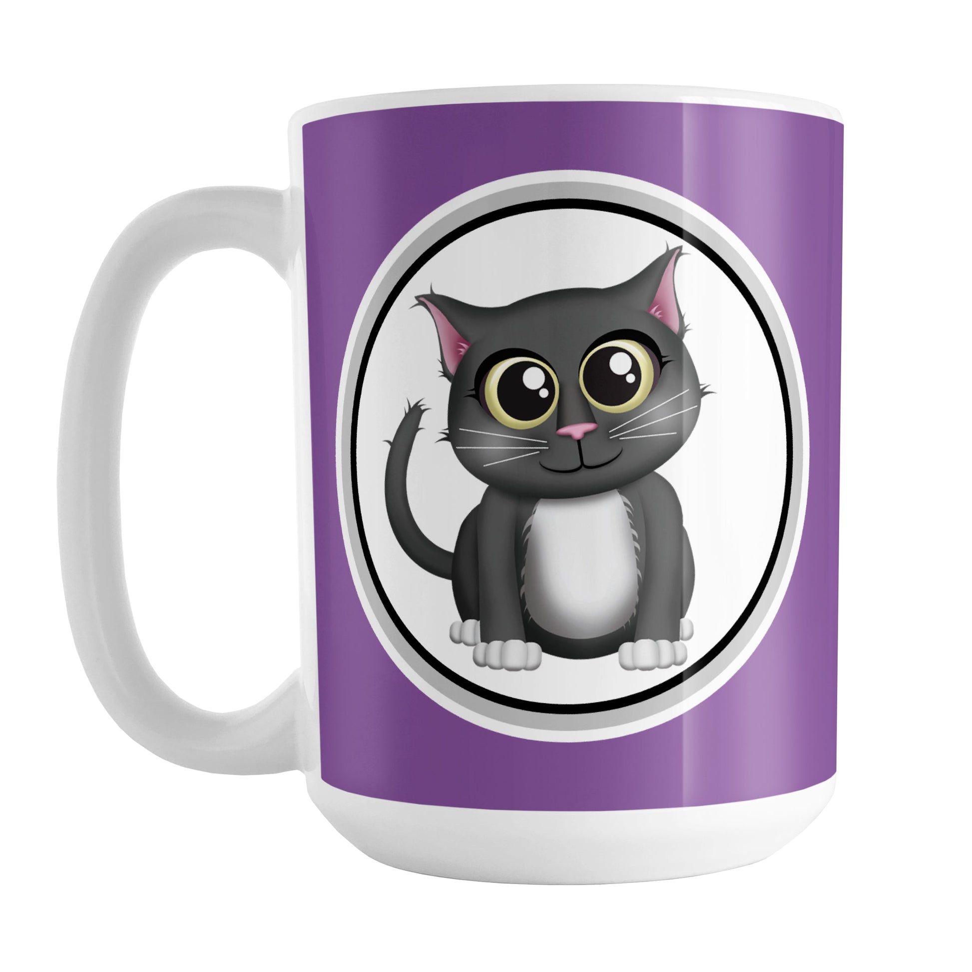 Cute Gray Cat Purple Mug (15oz) at Amy's Coffee Mugs. A ceramic coffee mug designed with an adorable gray cat in a white circle outlined in black and gray on both sides of the mug over a purple background color that wraps around the mug up to the handle.