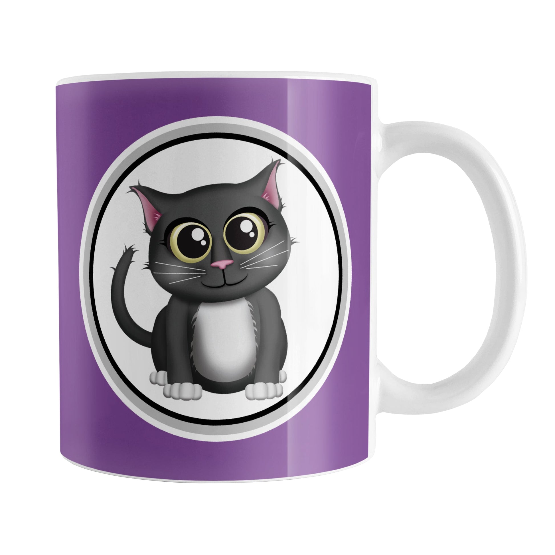 Cute Gray Cat Purple Mug (11oz) at Amy's Coffee Mugs. A ceramic coffee mug designed with an adorable gray cat in a white circle outlined in black and gray on both sides of the mug over a purple background color that wraps around the mug up to the handle.
