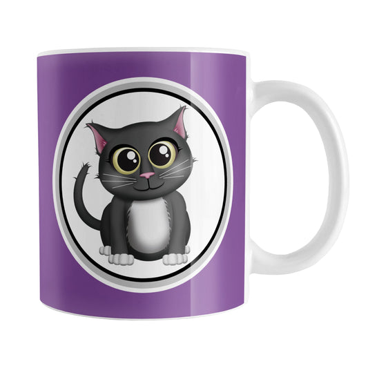 Cute Gray Cat Purple Mug (11oz) at Amy's Coffee Mugs. A ceramic coffee mug designed with an adorable gray cat in a white circle outlined in black and gray on both sides of the mug over a purple background color that wraps around the mug up to the handle.