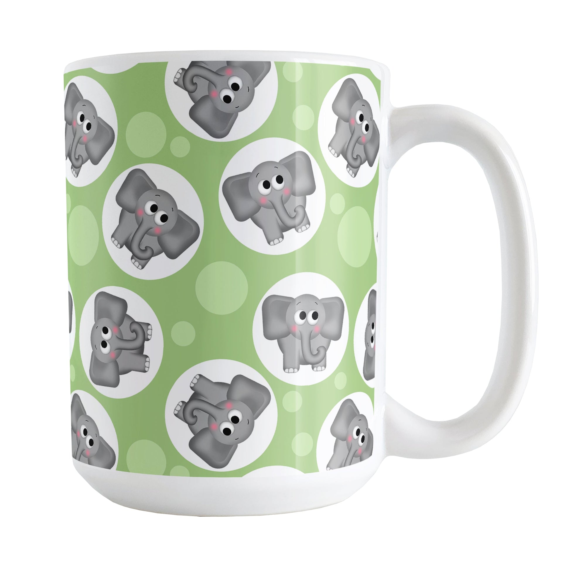 Cute Green Elephant Pattern Mug (15oz) at Amy's Coffee Mugs. A ceramic coffee mug designed with cute and affectionate gray elephants in white circles scattered over a green background color in a pattern that wraps around the mug up to the handle.